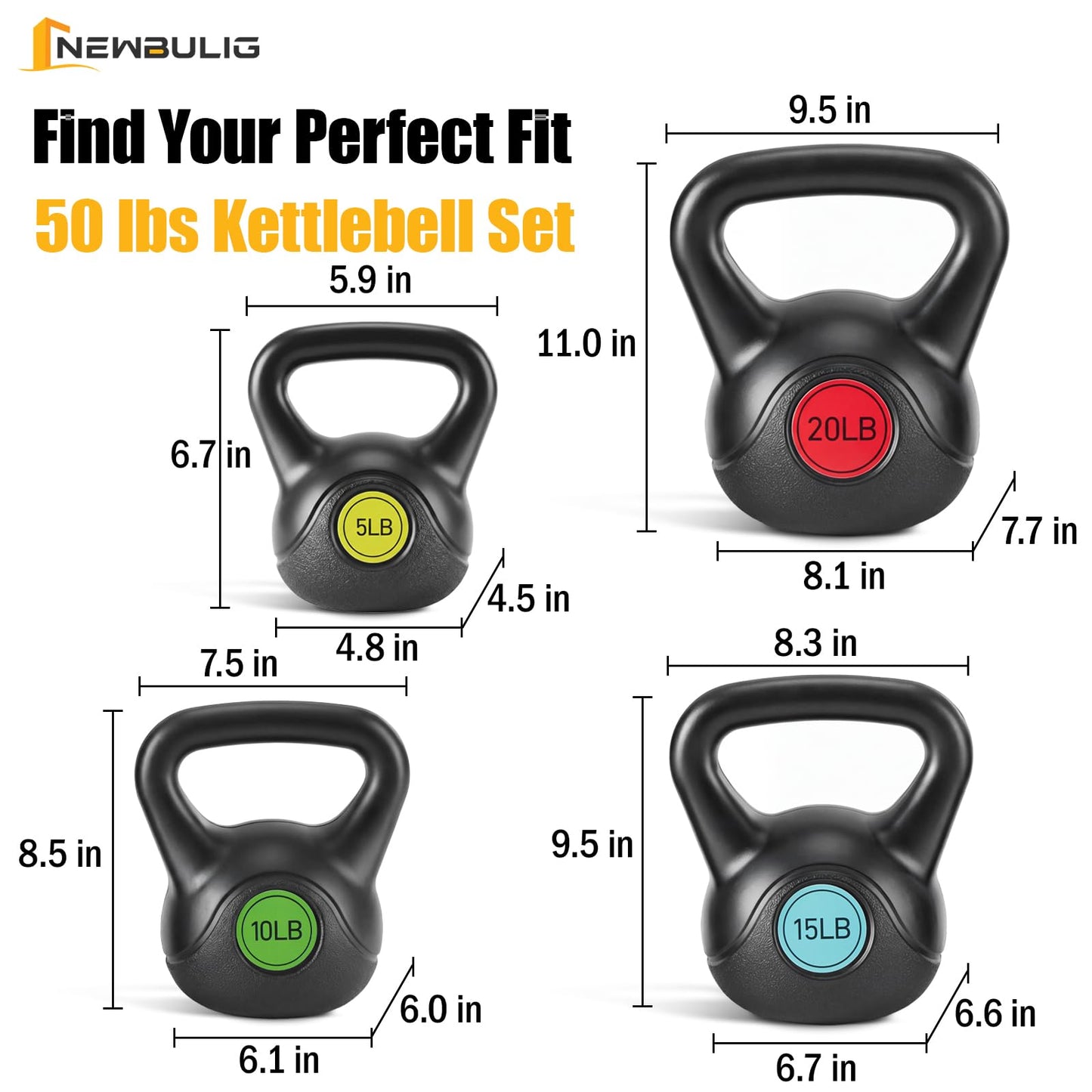 NEWBULIG Hard Kettlebell Set, Strength Training Kettlebells, Fitness Equipment, Durable Concrete Core, HDPE Shell, Multi-Level Workout Equipment for Home Gym & Outdoor, 5 lb, 10 lb, 15 lb & 20 lb