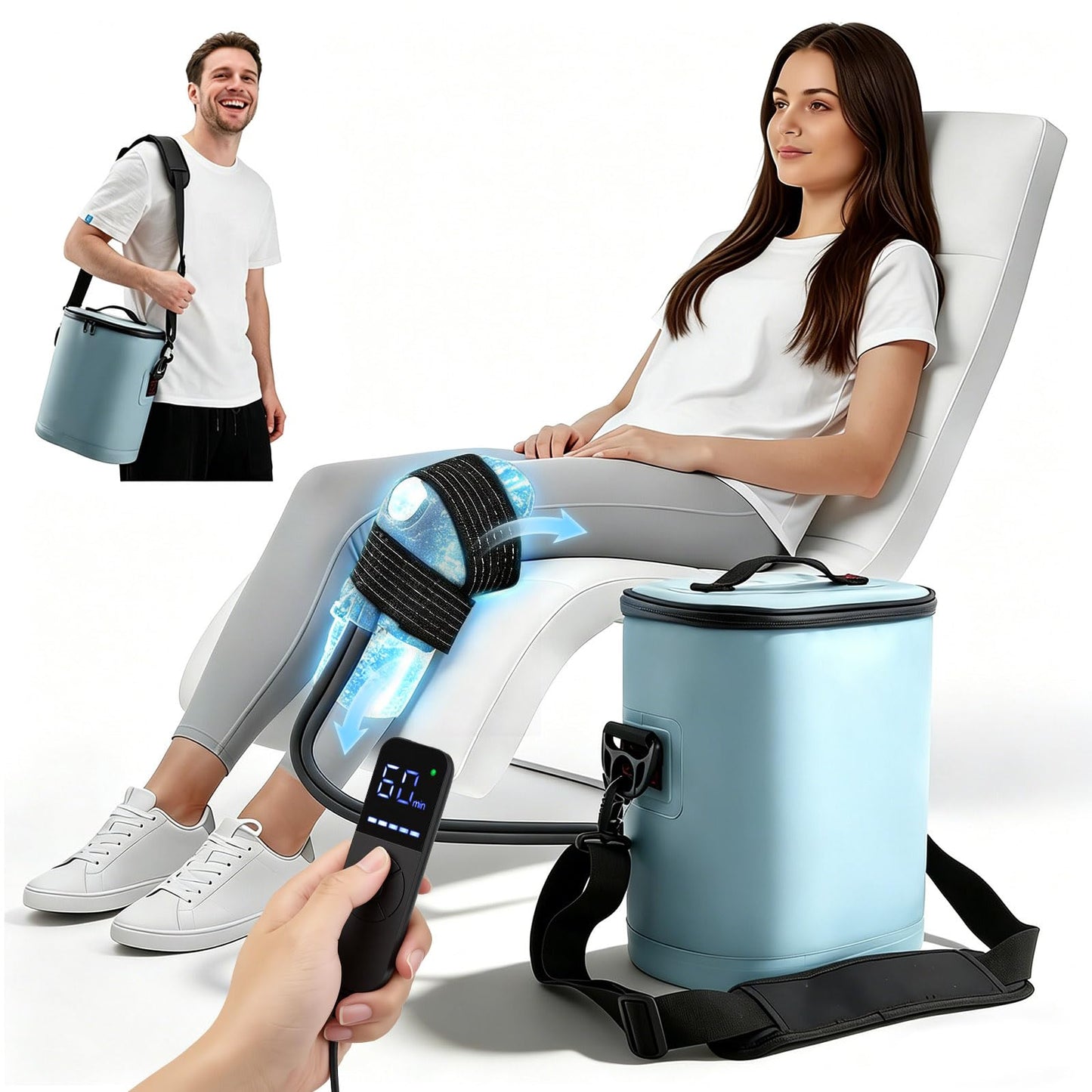 Portable Ice Machine for Knee After Surg – Customizable Knee Cold Therapy Machine with 6 Timer & 5 Flow Settings, 15 Quart Insulated Bucket, Ergonomic Fit, Ultra-Quiet Pump for Swelling Relief