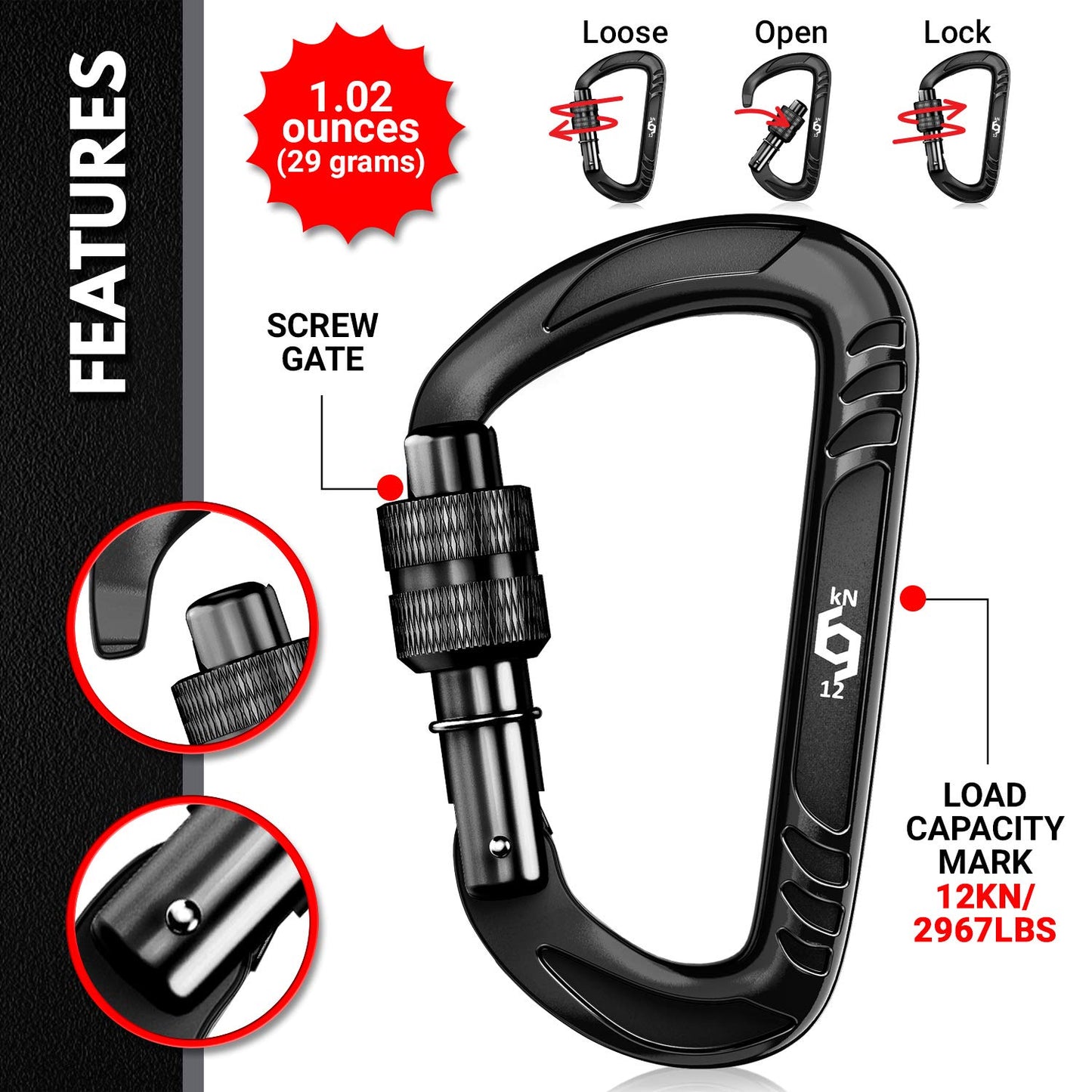 Rhino Produxs 12kN (2697 lbs) Heavy Duty Carabiner Clips, for Securing Pets, Outdoor, Camping, Hiking, Hammock, Dog Leash Harness, Keychains