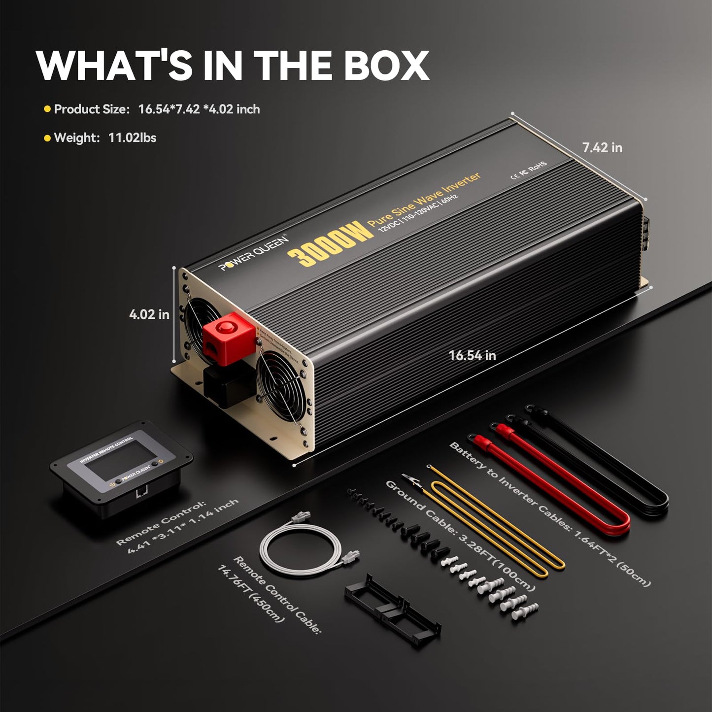Power Queen 3000W Pure Sine Wave Inverter Charger,Solar Power Inverter 12V DC to 110V-120V AC C onverter with Remote Control,6000W Peak Power，4 AC Outlets USB Type-C for Home RV Off-Grid Solar Power