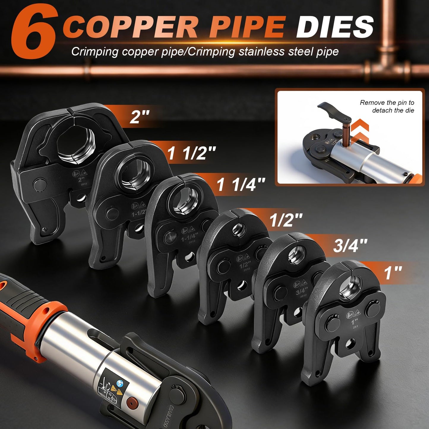 GEARLASSO 18V Brushless Copper Pipe Press Tool Kit for 1/2", 3/4", 1", 1-1/4", 1-1/2", 2", Electric Crimping Tool with 6 Jaws, 2-Pack 5.0Ah Batteries, OLED Display & Bluetooth