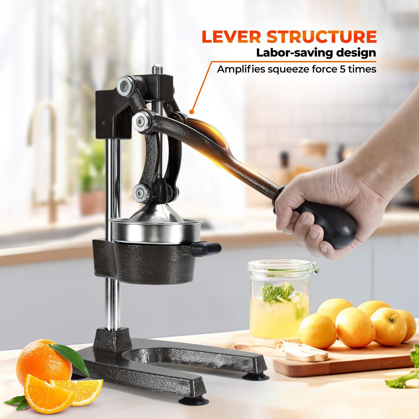 ROEDEER Heavy-Duty Manual Citrus Juicer – Cast Iron Orange Juicer Squeezer, Dual-Die Head, Manual Juicer, Citrus Squeezer, Lemon Juicer Manual & Pomegranate Juicer for Fresh Juice (Black)