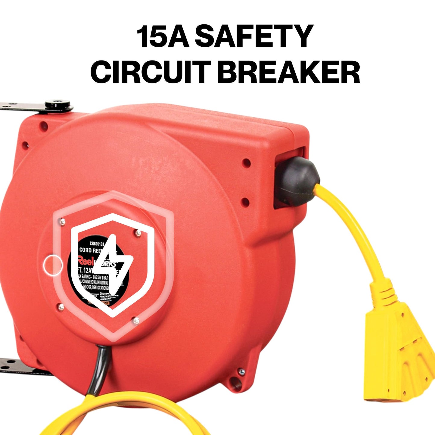 ReelWorks Retractable Extension Cord Reel Polypropylene 12AWG x 40' Foot Industrial Commercial Grade 3C SJT Cable Triple Tap Connector 15A 125VAC 1875W 60Hz Current Interrupter Best for Indoor Use