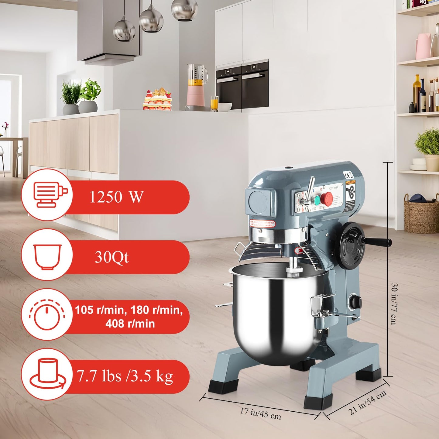 Towallmark Commercial Food Mixer 30Qt with Timing Function, 1250W 3 Speeds Adjustable, Stainless Steel Bowl Stand Mixer With Safety Guard, Premium for Schools Bakeries Restaurants Pizzerias