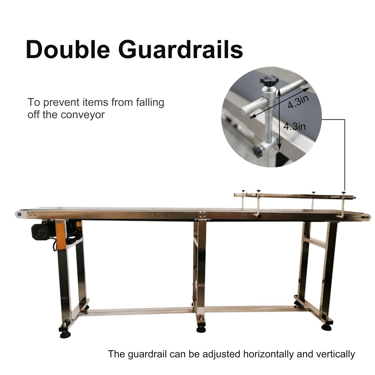 BREVELTION PVC Flat Belt Conveyor, Stainless Steel Industrial Transport Conveyor, Adjustable Speed 0-18m/min, Double Guardrails, 82.7" L x 11.8" W, 11LBS Load, 200W Motor