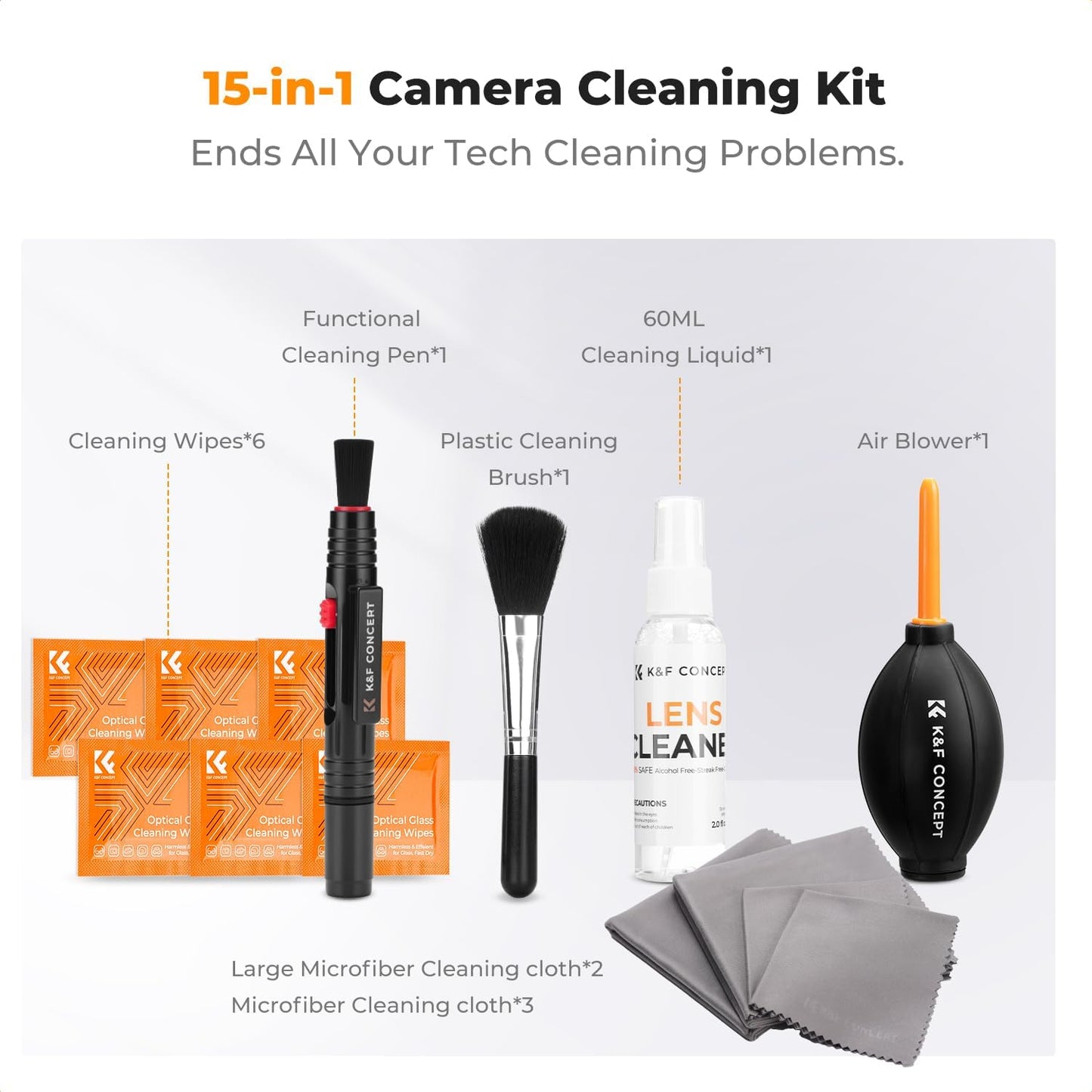 K&F CONCEPT 15-1 Professional Cleaning Kit for DSLR Cameras and Sensitive Electronics, Bundle with Lens Cleaner