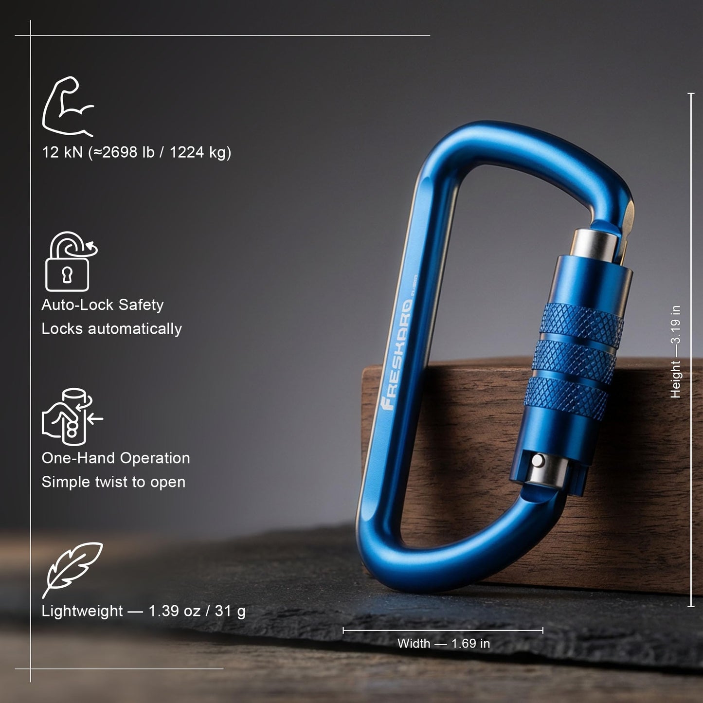 FresKaro 3 inch Locking Carabiner Clips-Twist Auto Lock Caribeener, Heavy Duty Keychain Key carabeaner Hooks, 7075 Aerial Aluminum Ultra Light, for Hammock, Hiking, Yoga Swing, Camping, 3pcs, Blue