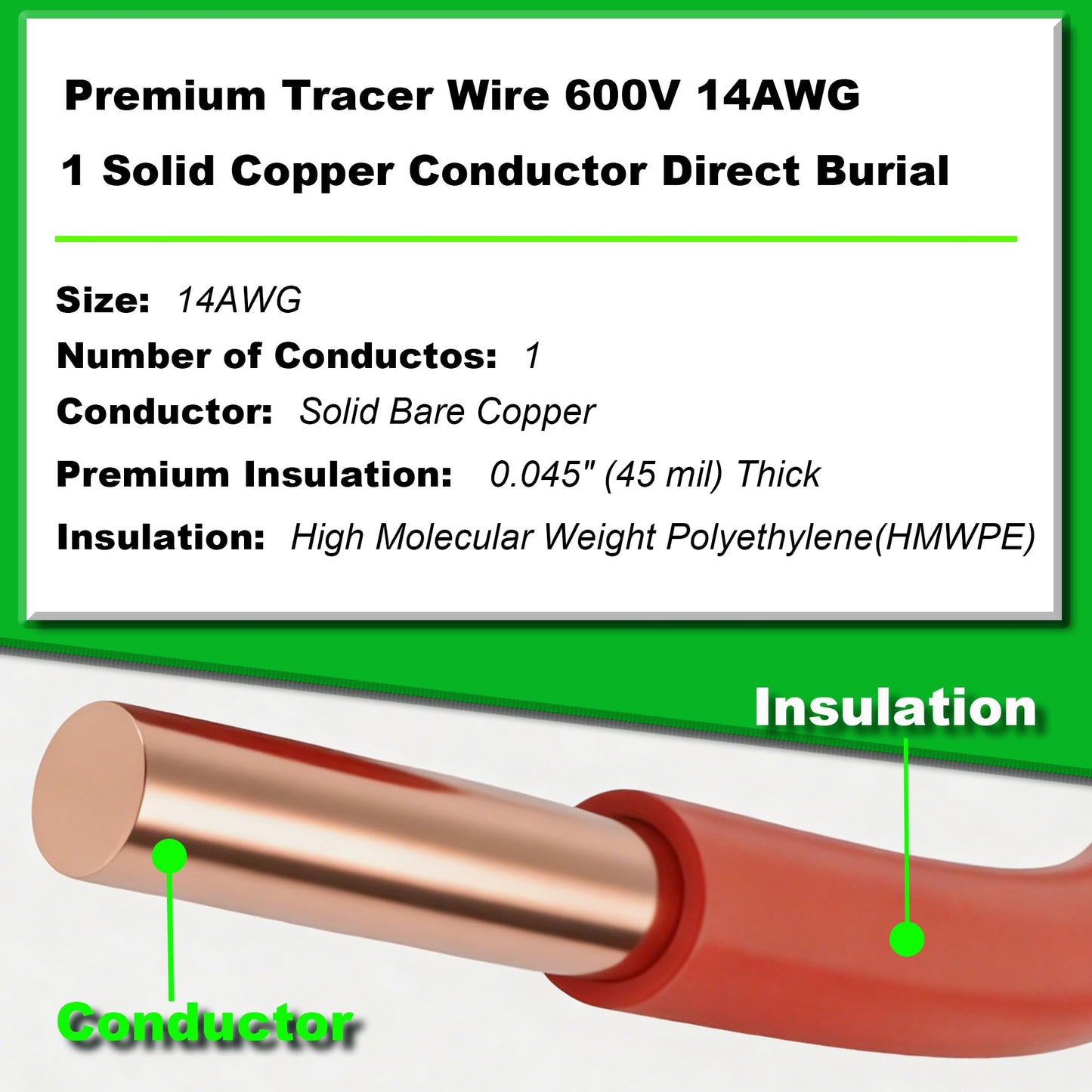 ROYA WYRE 14 AWG 100% Solid Copper Tracer Wire 1000ft, Red - Direct Burial Underground Locating Cable (30/600V) for Electrical Conduit, Gas & Water Lines