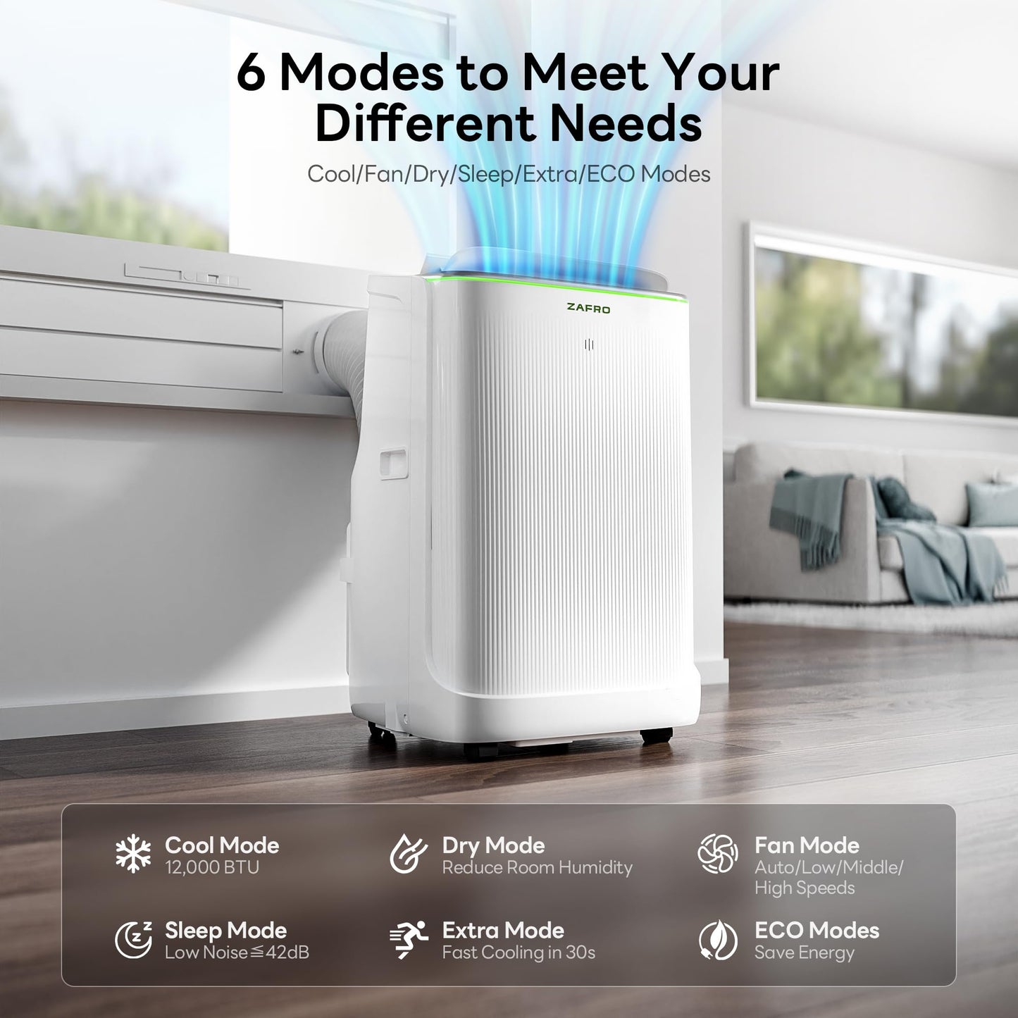 ZAFRO Smart Inverter Portable Air Conditioners, 12000 BTU (8000 BTU SACC) Dual Hose Portable AC Unit with Energy Saving/Ultra Quiet(42dB 2026)/Drainage-free Cool/APP/Remote for Multi-Scenario Use