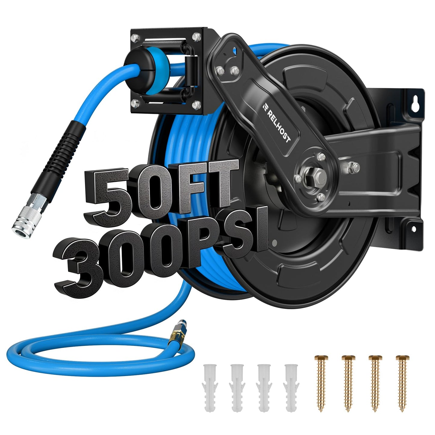 Relhost Retractable Air Hose Reel, 50 ft x 3/8 in Hybrid Air Hose Max 300PSI, Heavy Duty Air Compressor Hose Reel with Auto Rewind, Ceiling/Wall Mount for Garage, Workshop, Home Studio