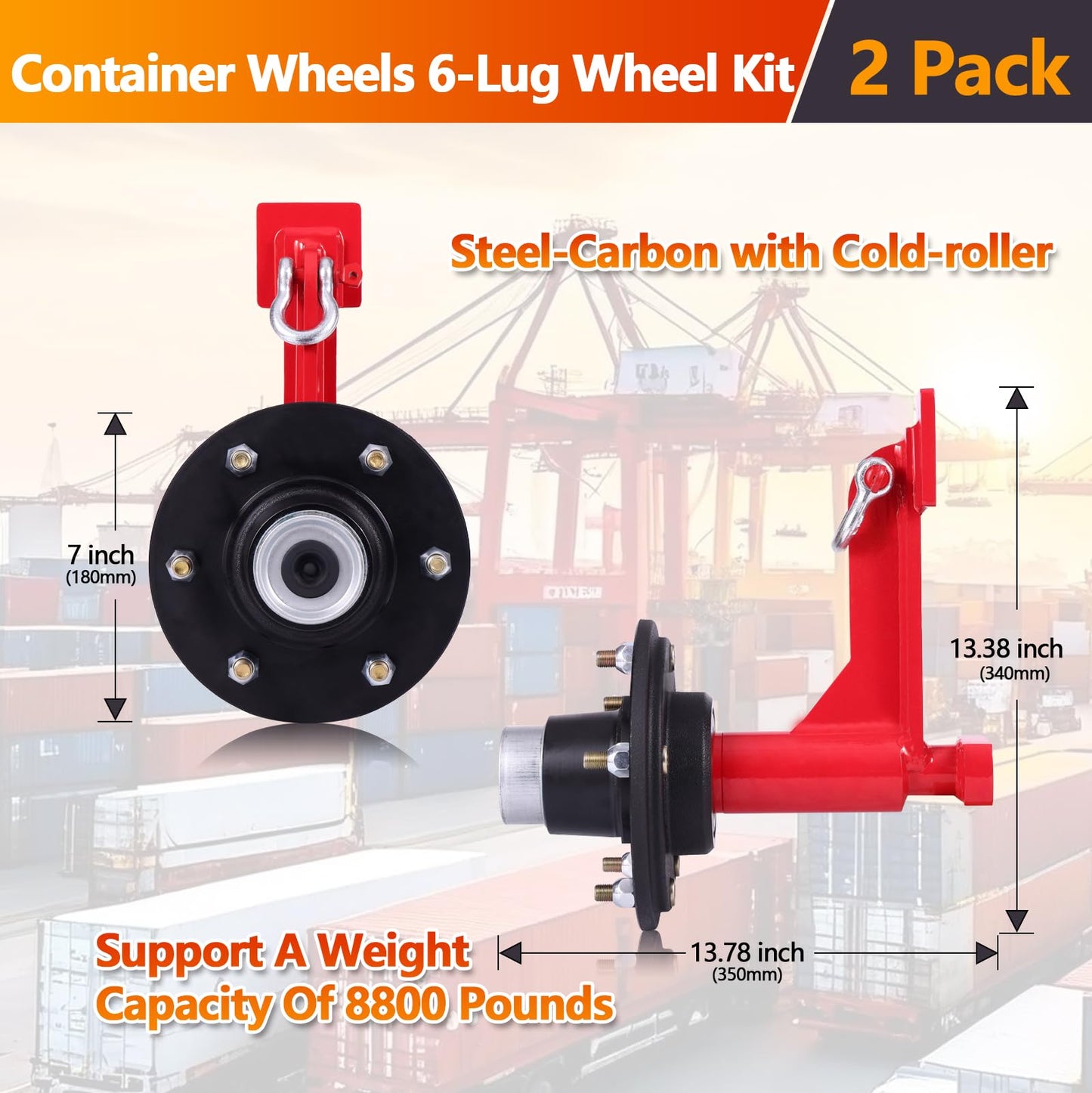Red 6 Holes Shipping Container Wheels Kit with Heavy Duty Axle & Ratchet Strap - Fast, Safe 20ft-40ft Container Transport
