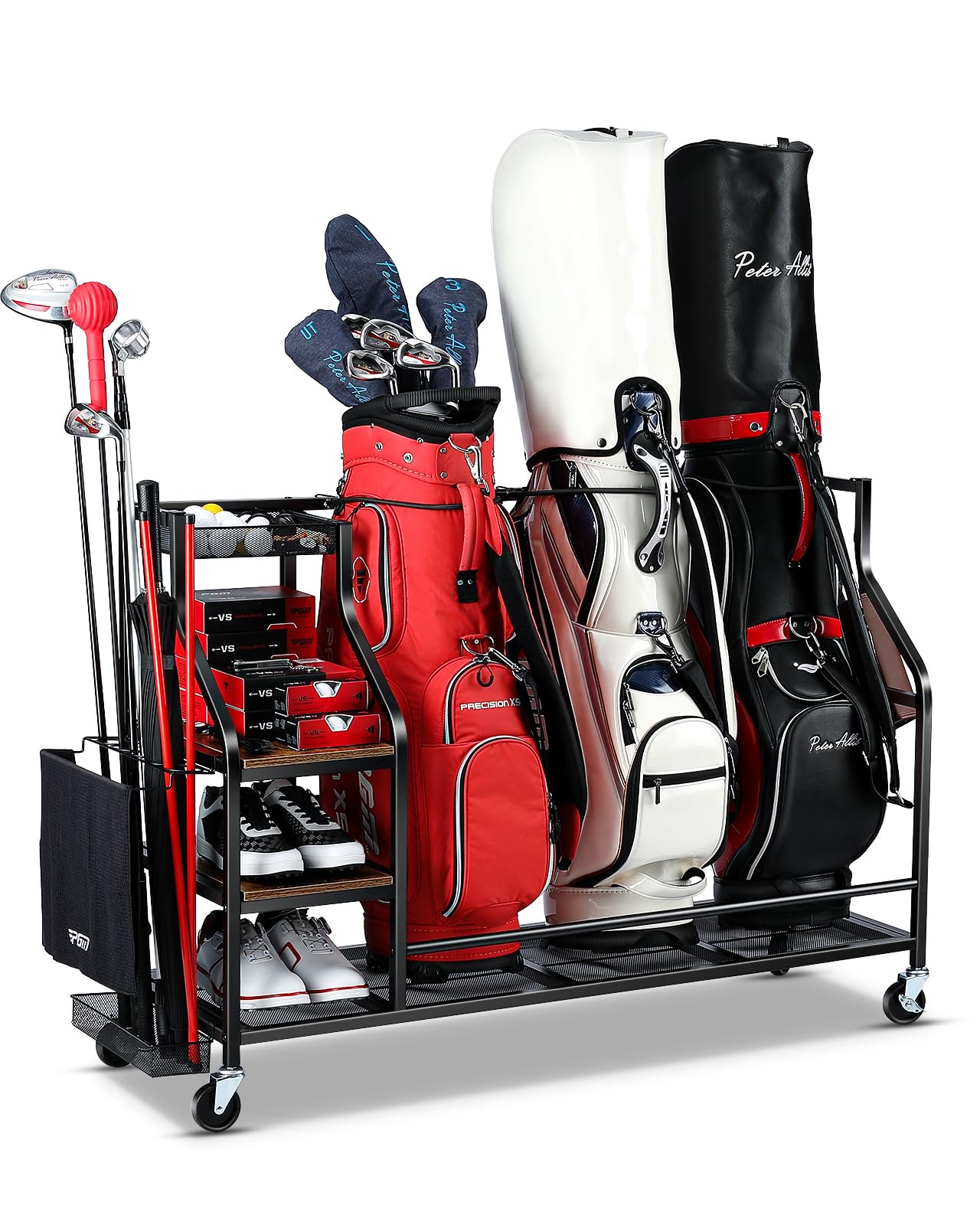 FHXZH Golf Bags Storage Garage Organizer Golf Bag Stand for Golf Bags, Clubs, Balls, Golf Equipment Accessories, Golf Bag Storage Rack with Wheels for Garage, Club, Basement (3 Golf Bag Organizer)