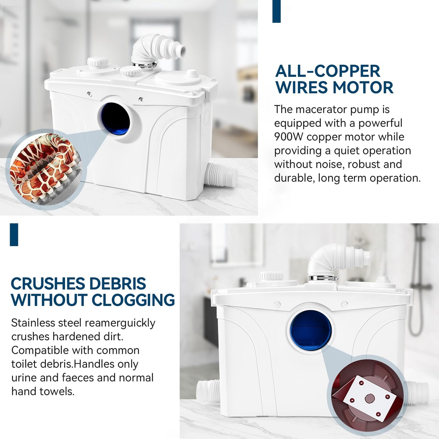 1.2HP Macerator Pump with PCB Function Toilet Pump Utility Sink Pump Upflush to 32.8FT 2500GPH Macerating Toilet System with 4 Water Inlets 1 Outlets for Toilet Sink Shower Laundry Kitchen Basement