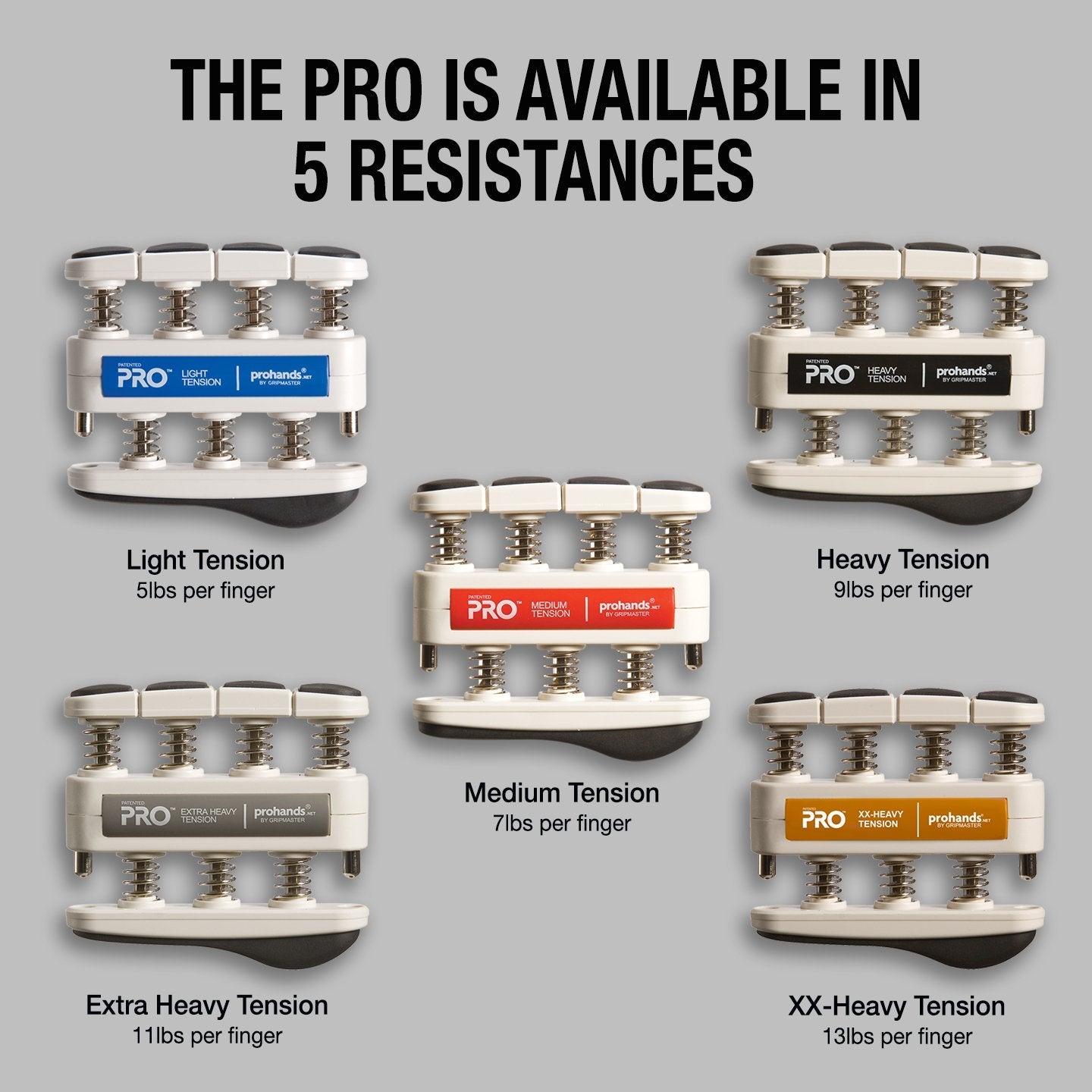 Prohands PRO Hand Exerciser, Finger Exerciser (Hand Grip Strengthener), Spring-Loaded, Finger-Piston System, Isolate and Exercise Each Finger, (11 lb Extra-Heavy Tension, Gray-Pro)