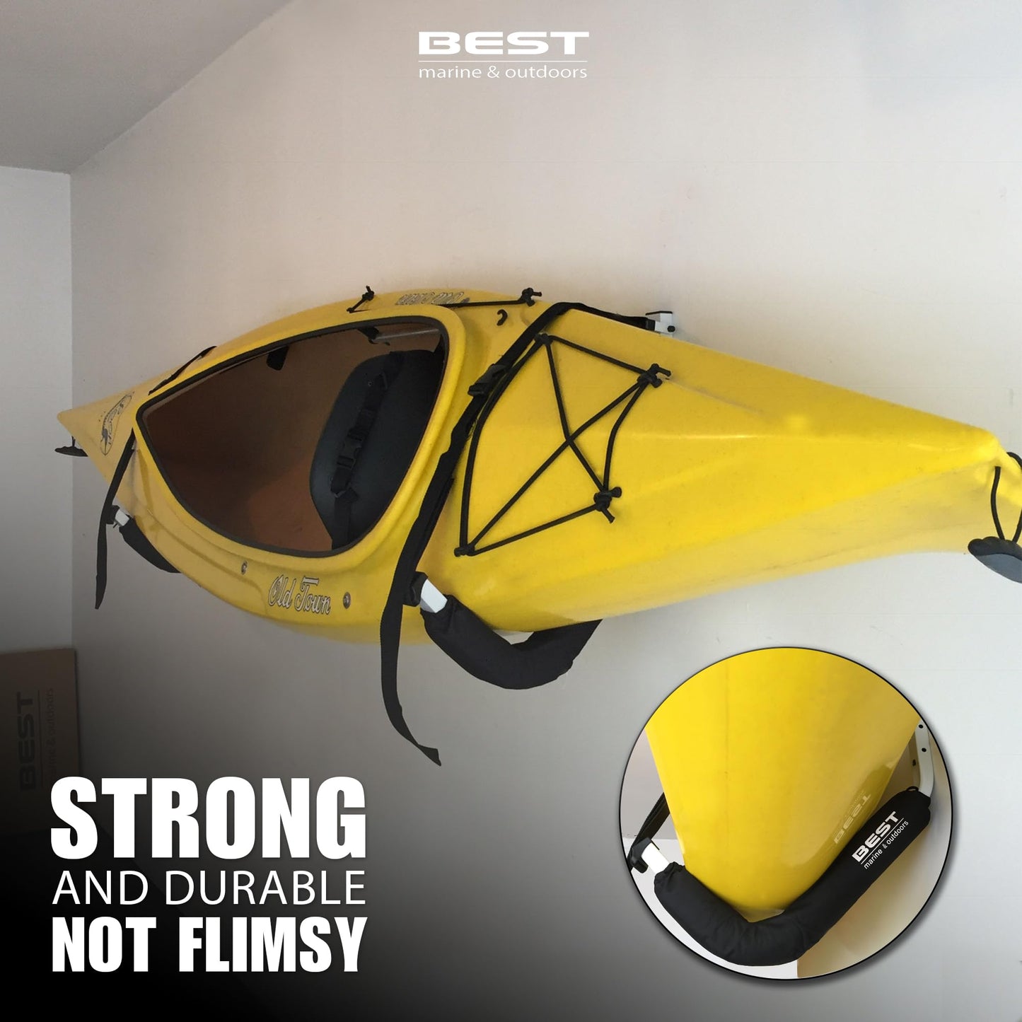 Best Marine and Outdoors Kayak Wall Rack, Heavy Duty 125 lb Capacity, Wall Mount Kayak Storage Rack for Garage, Canoe, SUP & Paddle Board, Indoor/Outdoor Steel Hangers with Foam Padding