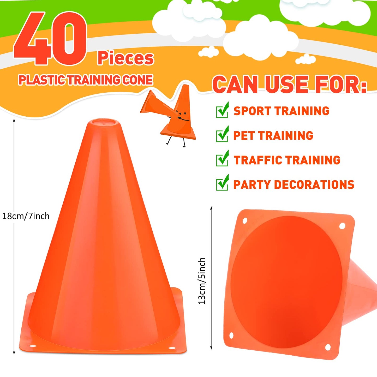 Reginary 40 Pieces 7 Inch Small Cones for Sports Football Bike Obstacle Training Cones Plastic Traffic Roadblock for Sports Skating Indoor Outdoor Activity Construction Party(Orange)