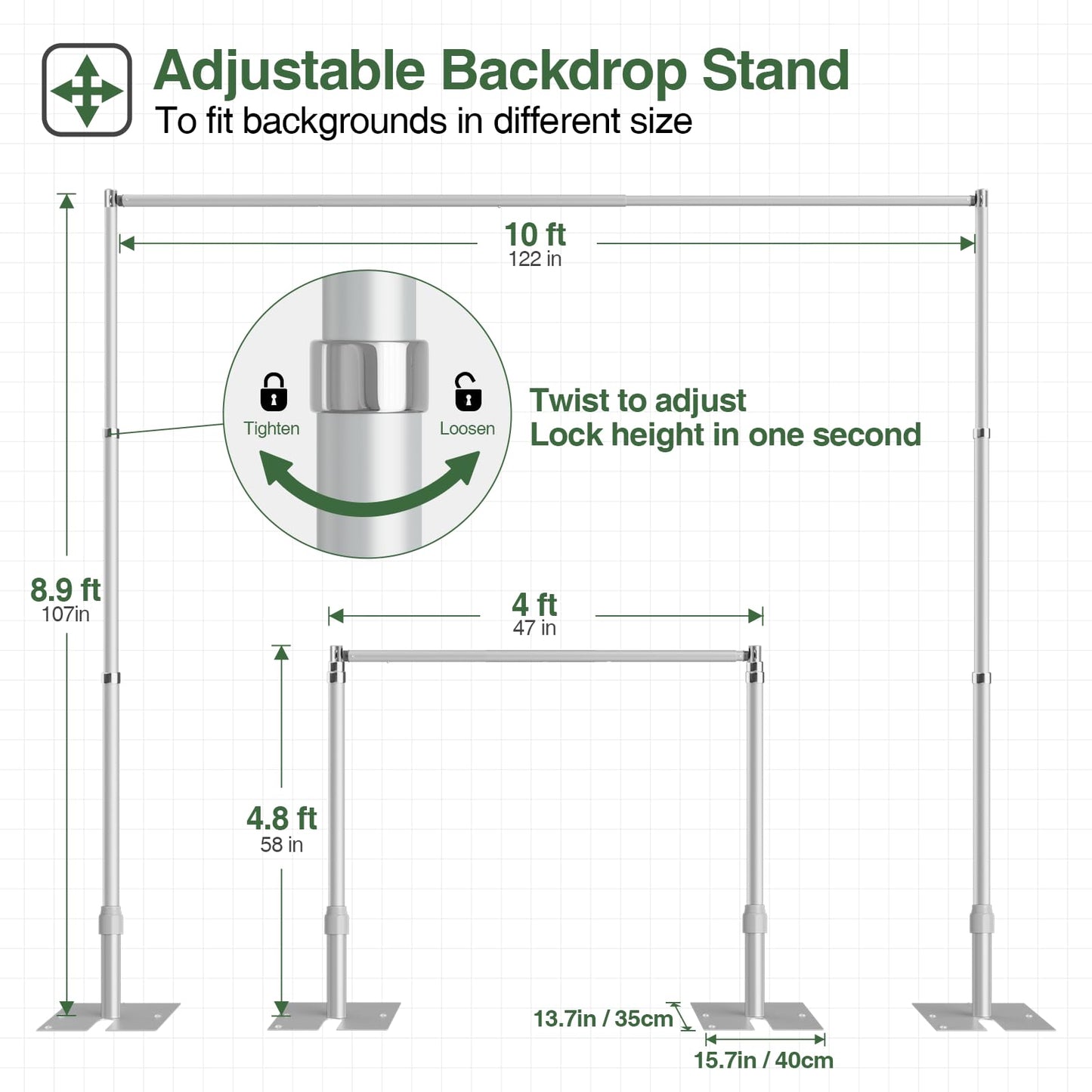 EMART Pipe and Drape Backdrop Stand Kit, 8.9ftx10ft Heavy Duty Adjustable Photo Background, Metal Frame with Flat Base for Wedding, Birthday Party, Banquet Decorations - Silver