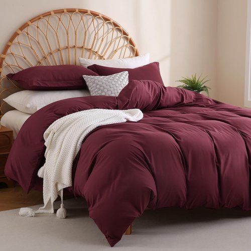 JSD Burgundy Duvet Cover Set - Soft Brushed Microfiber, 3-Piece Queen Size with Pillow Shams