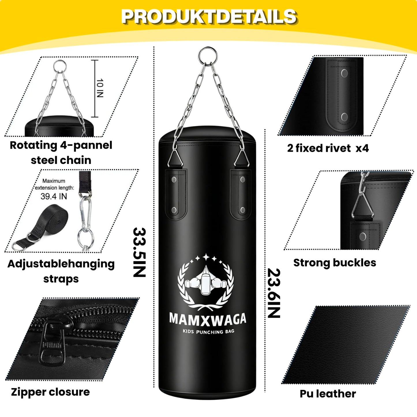 Mamxwaga Kids Punching Bag Set Unfilled, Hanging Boxing Bag Kickboxing Bag with Boxing Gloves, Kids Boxing Set for 3-12 Years, for Youth Karate Muay Thai Kick Taekwondo Training