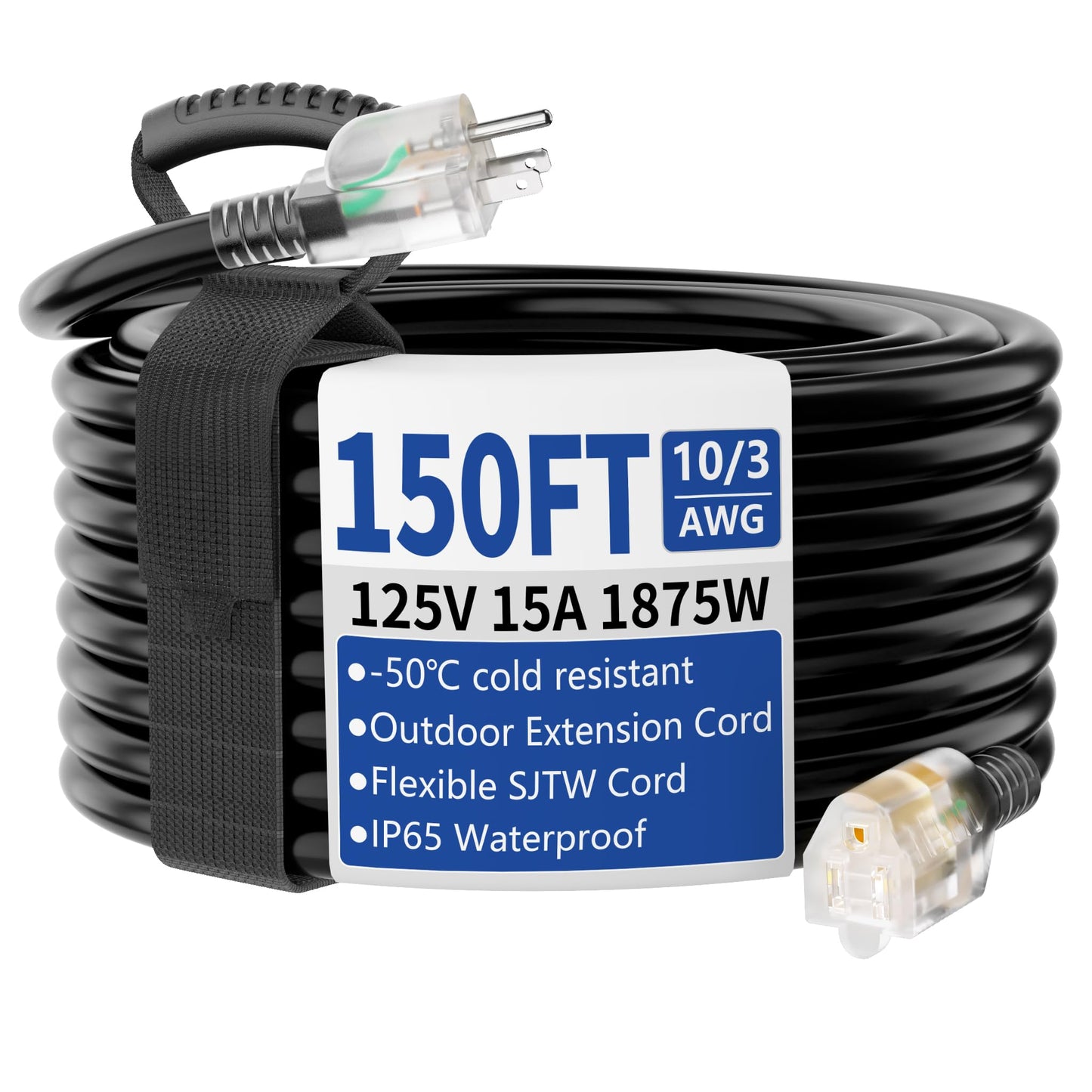 Cismorvex 150ft Outdoor/Indoor Extension Cord with Lighted 10/3 Gauge Ultra 3 Prong Heavy Duty SJTW, Waterproof, Flexible Cold-Resistant,15A 125V 1875W, Black
