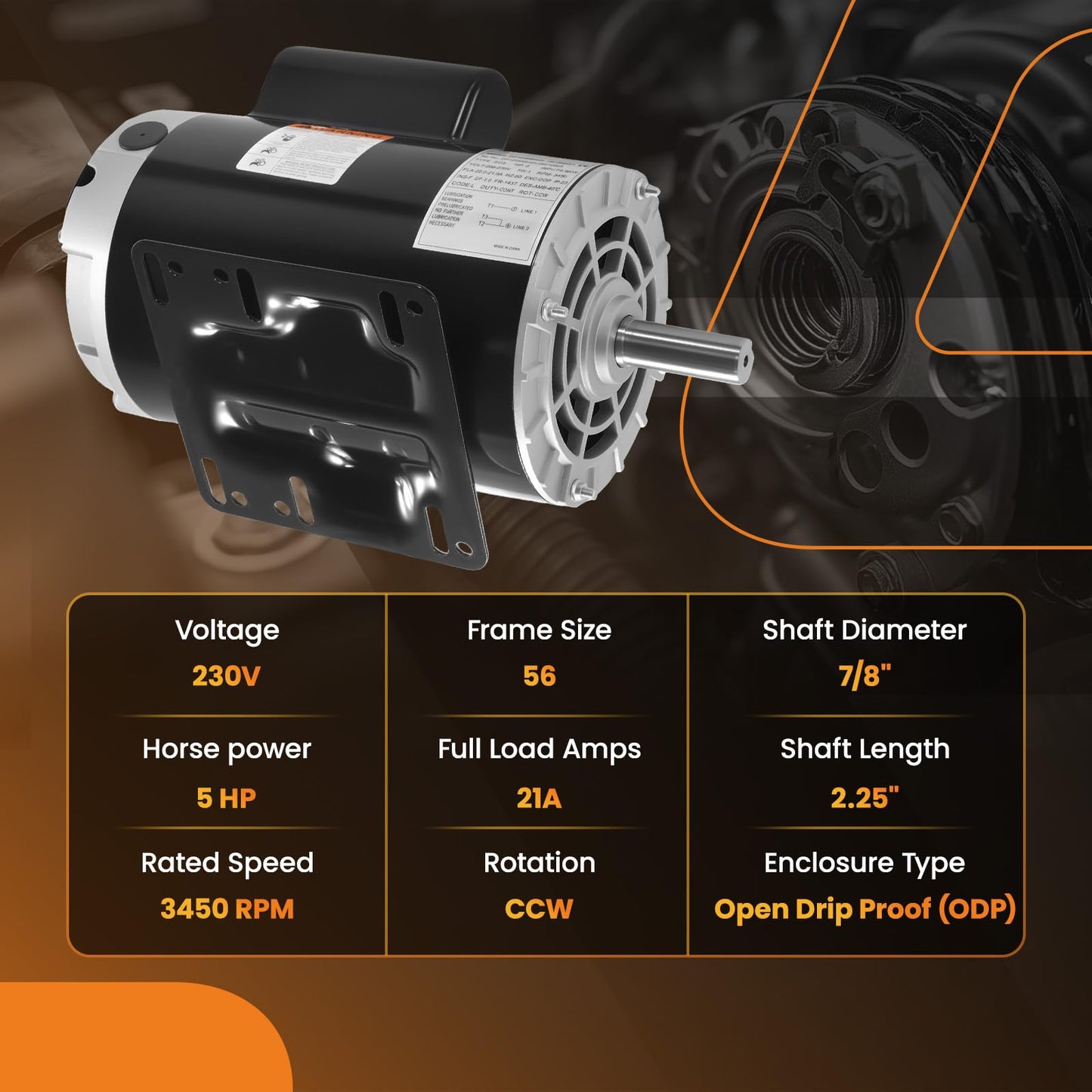 maXpeedingrods 5 HP Air Compressor Electric Motor, 56HZ Frame 3450RPM 230V Single Phase 7/8" Shaft, CCW Rotation, 2.25" Shaft Length for Air Compressors