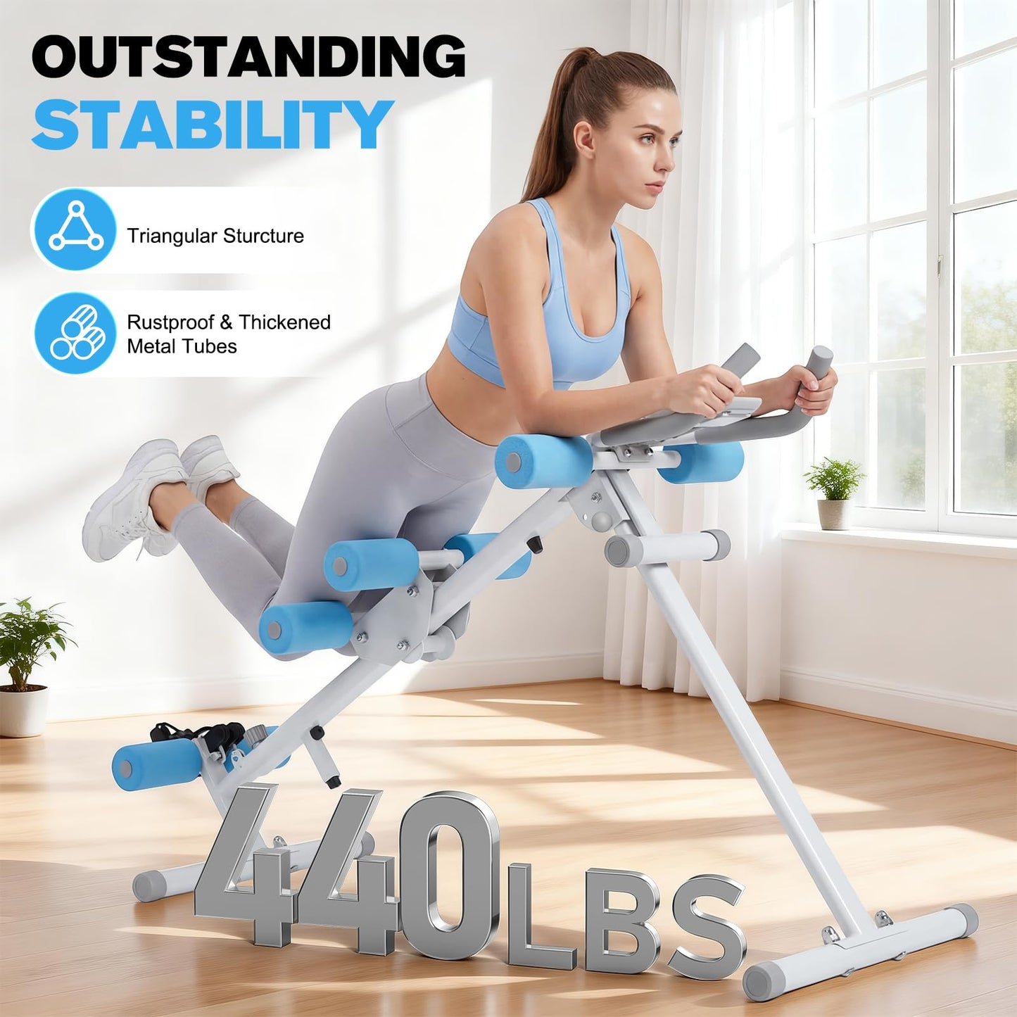 DERACY Ab Workout Machine Adjustable Ab Trainer Abdominal Trainer for Home Gym Foldable Ab Crunch Machine for Core 440 LBS (White - Blue)