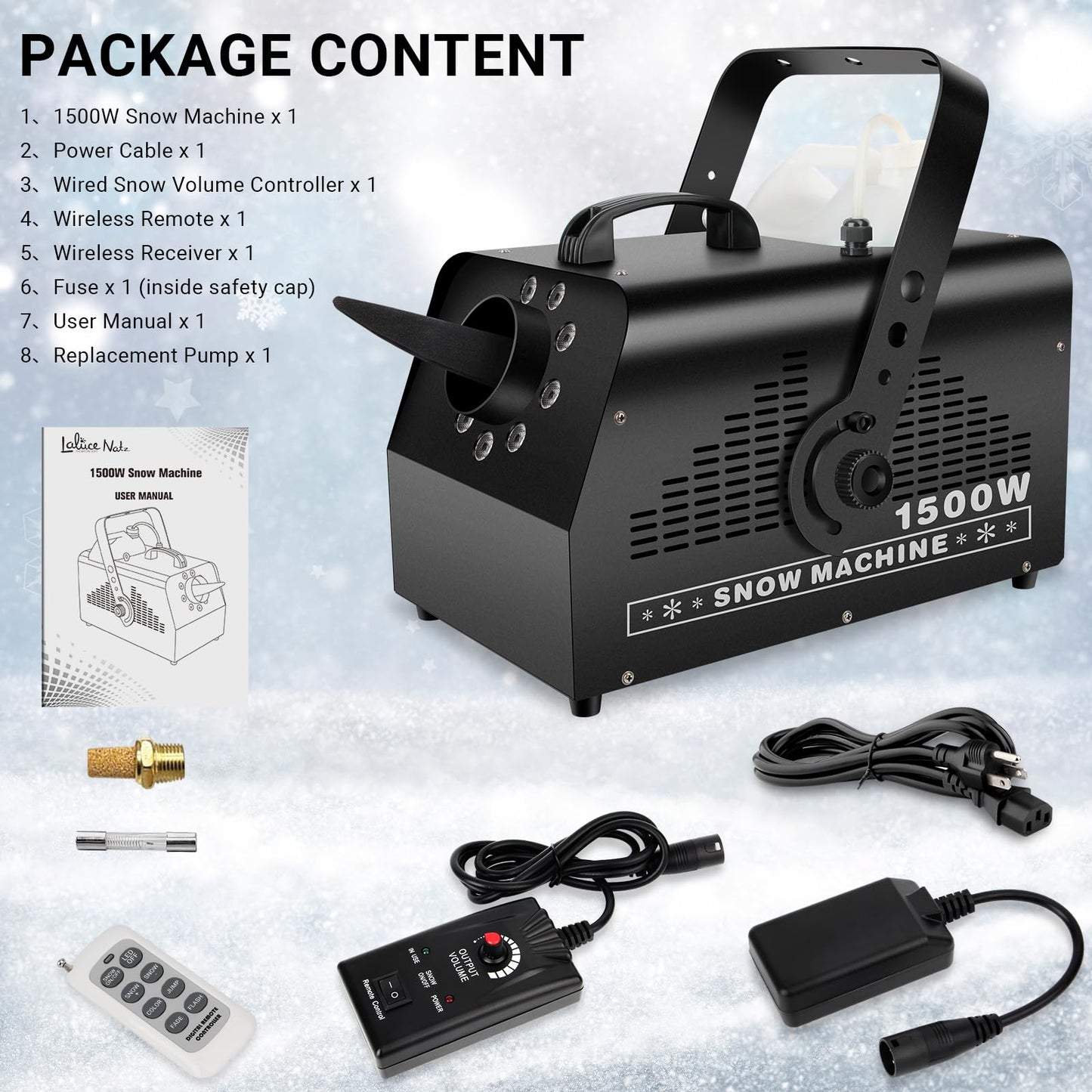1500W Snow Machine Snowflake Maker: Wired & Wireless Remote Snow Volume - with 9LED RGB Lights - Artificial Fake Snow Machine for Outdoor Christmas Party Wedding Fiestas Holiday Stage Effects