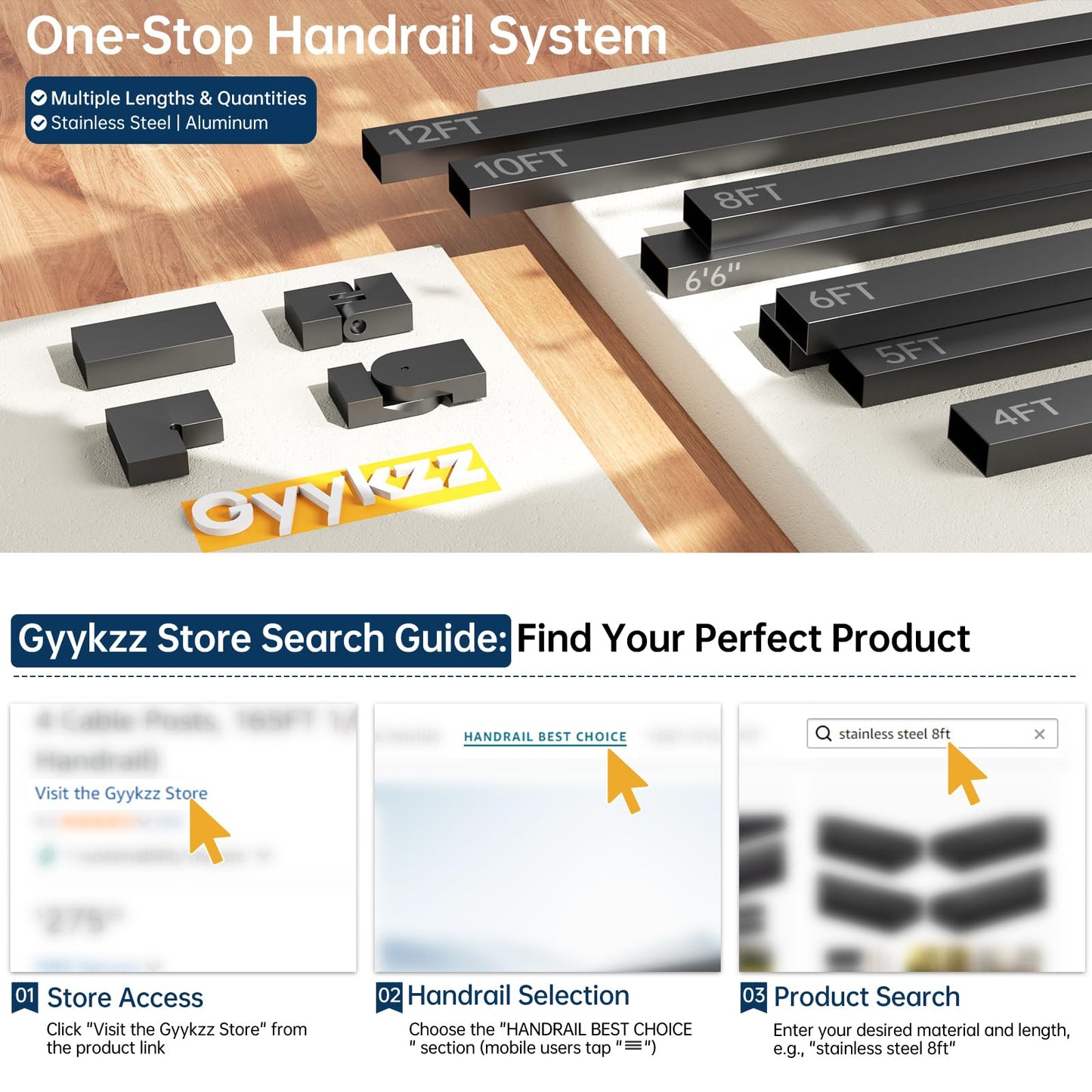 Gyykzz 8FT Stainless Steel T304 Black Handrail, 3 Pack Rectangular Cuttable Handrail Flat Deck Top Rail with 12 Pcs Nylon End Caps for Indoor Outdoor Deck Stair Cable Railing System DIY Balustrade