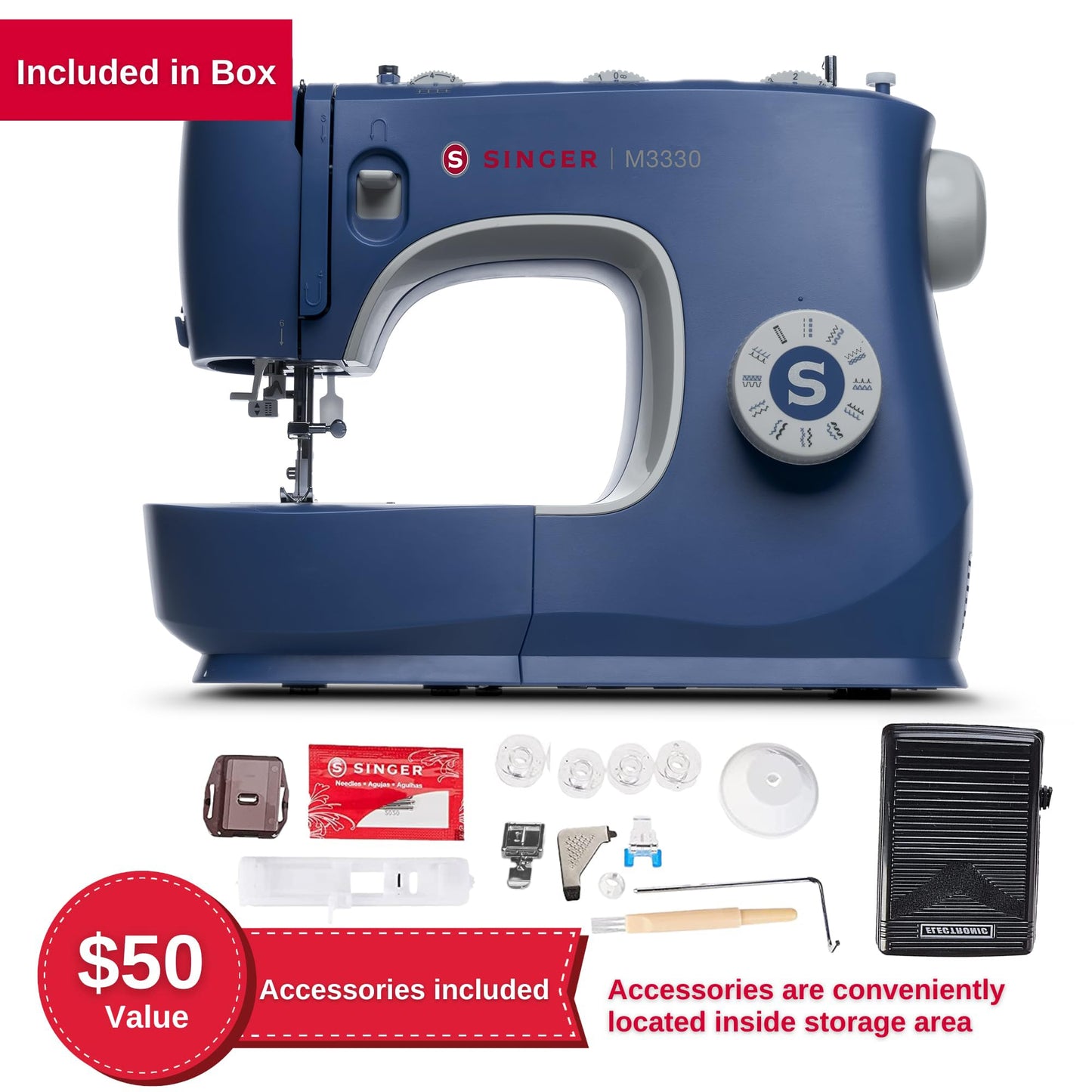 SINGER® M3330 Navy Blue Sewing Machine with Accessory Kit | 23 built-in Stitches Deliver 97 Stitch Applications | 1-Step Buttonhole, Free Arm, LED Light | Simple & Easy To Use, Perfect For Beginners