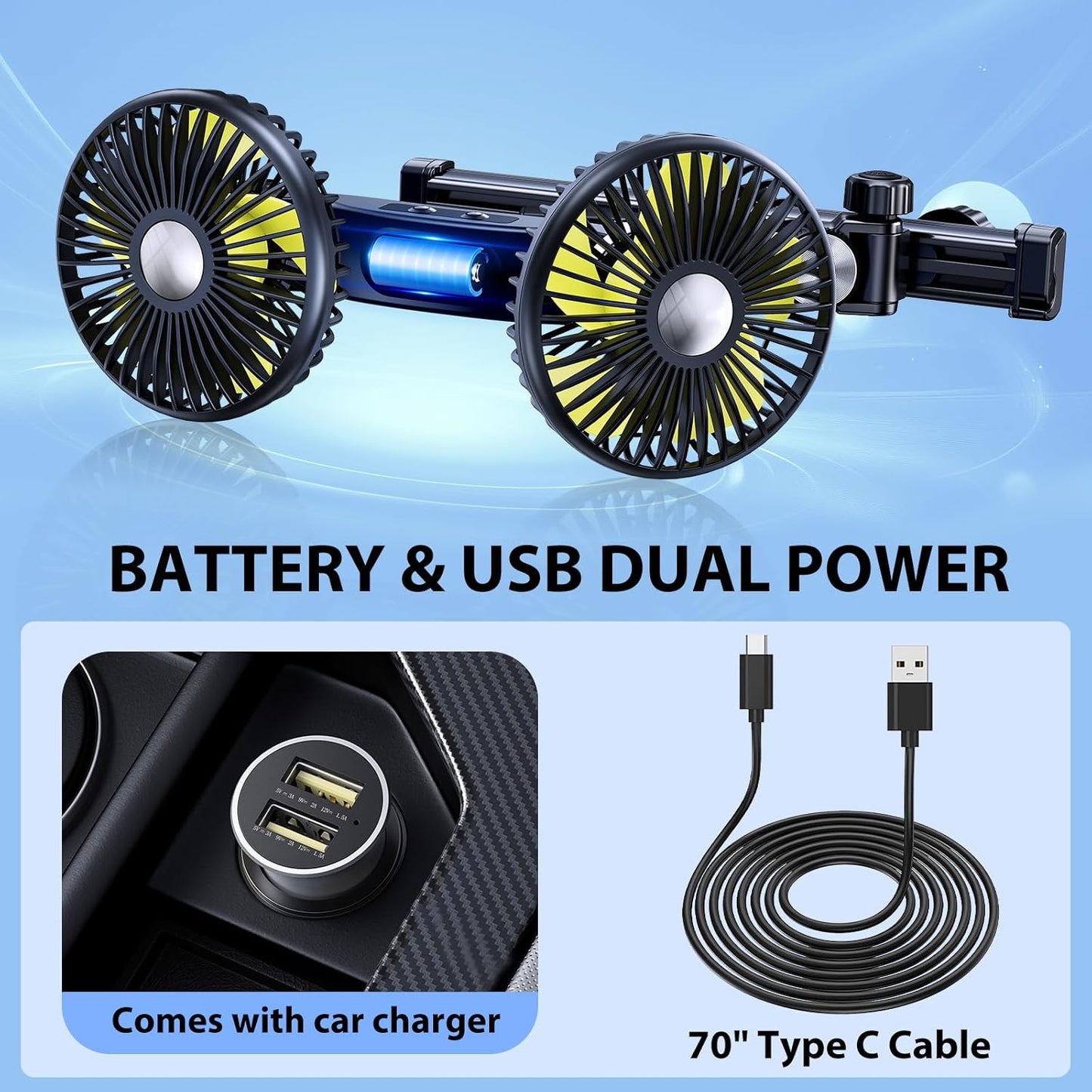 Cable*1] Battery Fan for Car Backseat Kids with Retractable Long Arm, Rechargeable Car Seat Fan That Blow Cold Air
