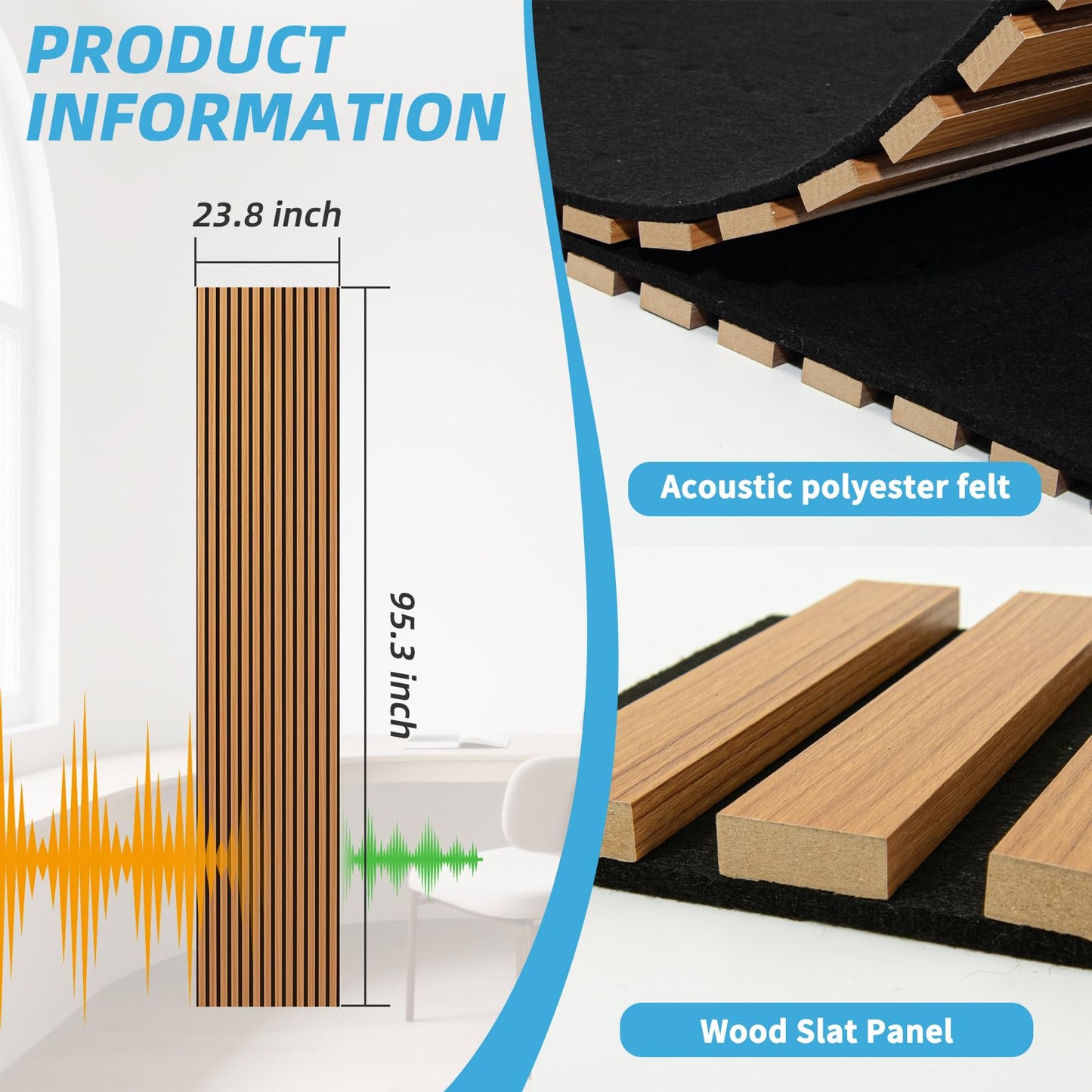 Art3d 2-Pack Acoustic Wood Slat Wall Panel with Roll-Flat Design - 95.3 x 23.8 Inch Sound Absorbing Panels for Living Room Columns Corridor Curved Wall Decor, Teak