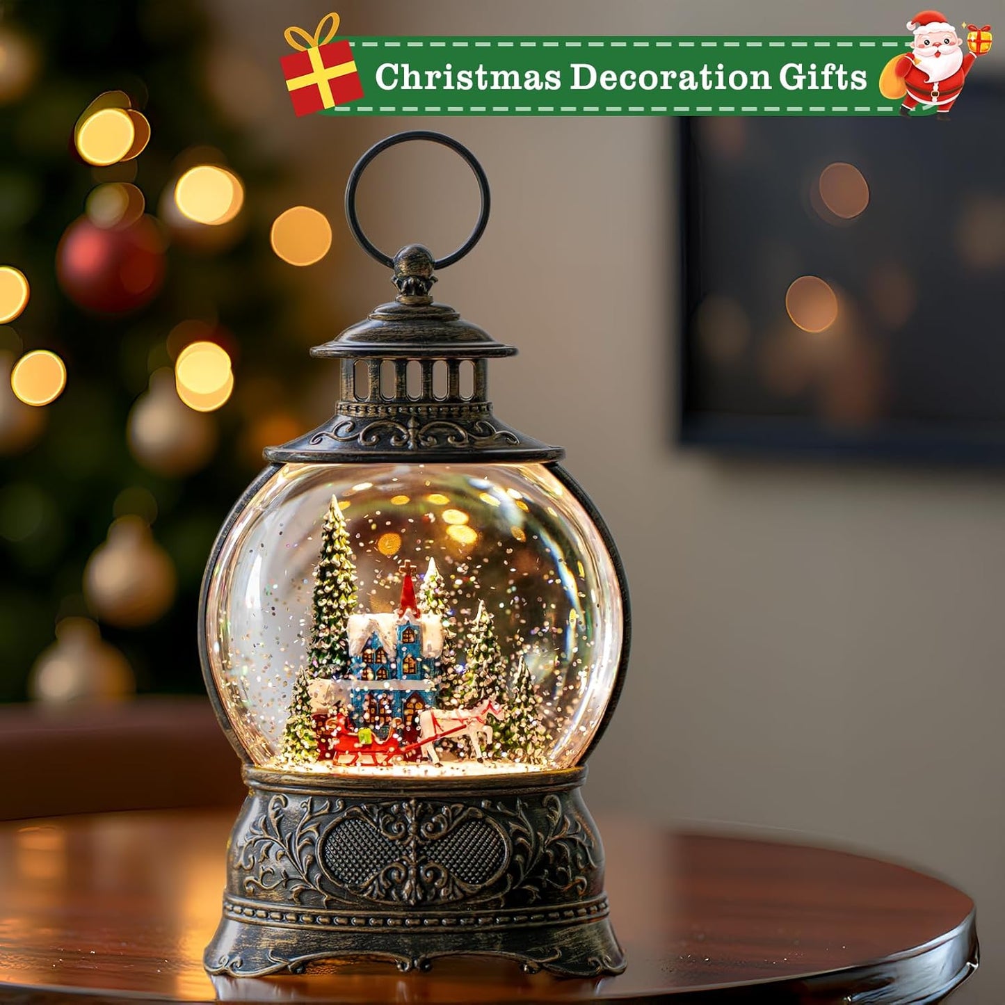 Regine Switzerland Christmas Snow Globe - Musical Water Lantern with Timer & USB/Battery Operation | Blue Church Design