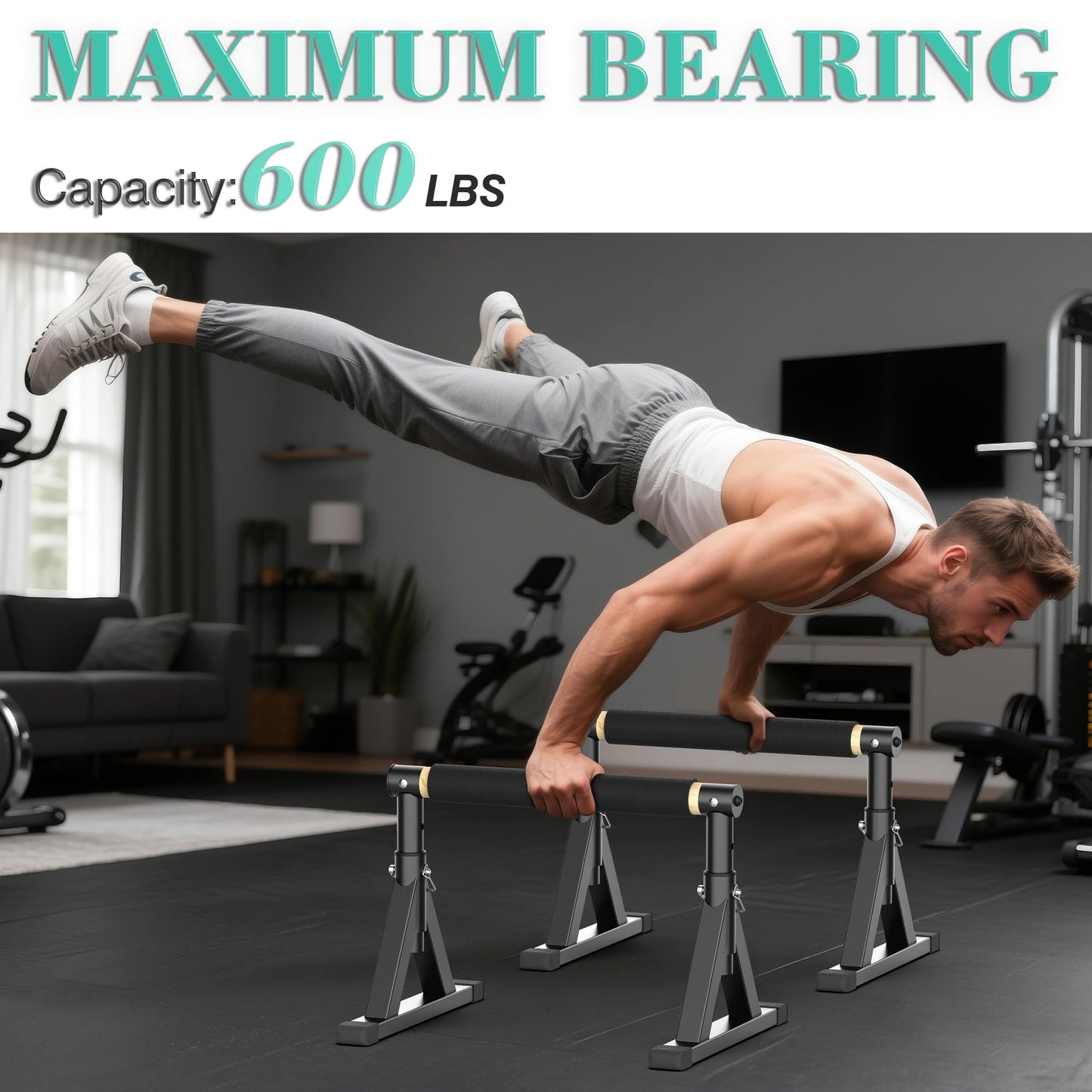 10-14'' Wooden Parallel Bar and Dip Bar with Adjustable Height and Non-Slip Handles, Rock-Free Fitness Equipment for Handstands, L-Sits, Gymnastics and Strength Training for Home Gym, 600lbs Capacity