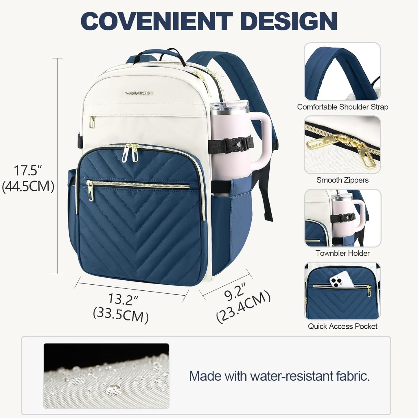 Backpack Pocket,17.3 inch Backpack,Waterproof Backpack VANKEAN Laptop for Women with Giant Tumbler Holder School