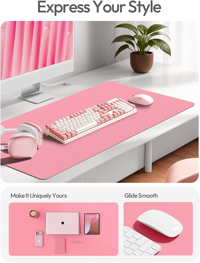 YSAGi Leather Desk Protector, Office Mat, Large Mouse Mat, Non-Slip PU Leather Blotter, Laptop Desk, Waterproof Writing Pad for Office and Home (Pink, 31.5" x 15.8")