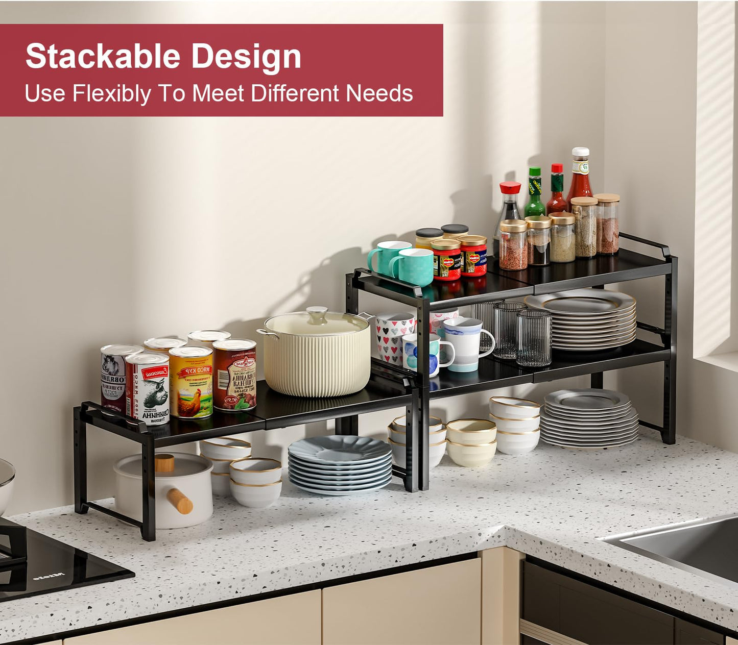 X-cosrack 12" Wide 100LBS Loading-Bearing Heavy Duty Kitchen Storage Shelf, Expandable Cabinet Shelf Organizer, Stackable Adjustable Storage Shelves for Kitchen Cabinet Cupboard Pantry Counter