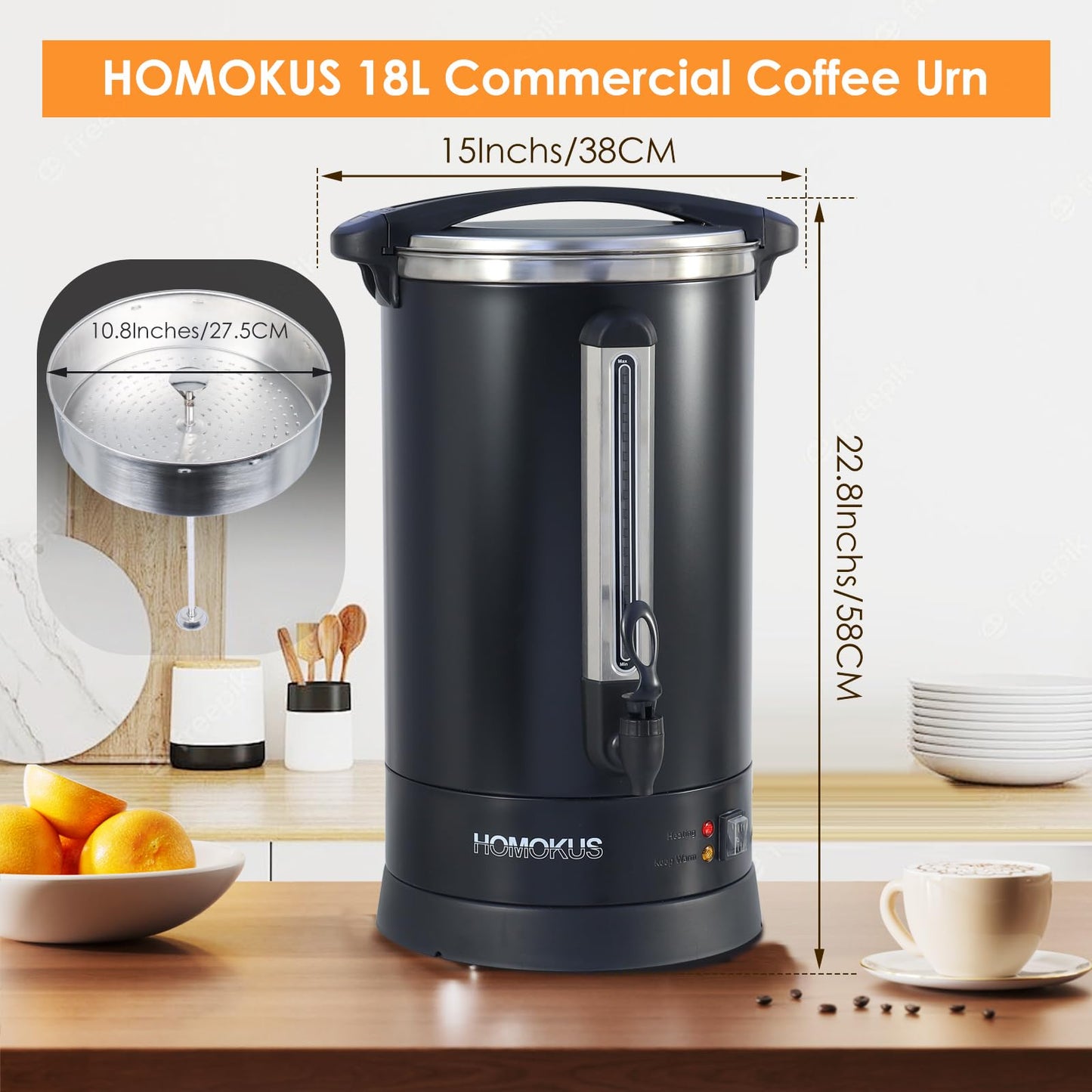 HOMOKUS Commercial Coffee Urn,120 Cup Commercial Coffee Maker,18L Double Wall Stainless Steel Large Hot Coffee Dispenser Hot Water Urn,1500W Quick Brew Electric Coffee Percolator (Dark Grey)