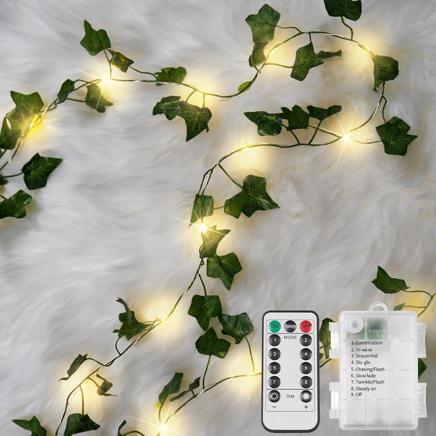 Suddus Ivy String Lights - 33ft 100 LED Battery Operated Fairy Lights with Remote | Warm White for Bedroom, Garden, Party Decor