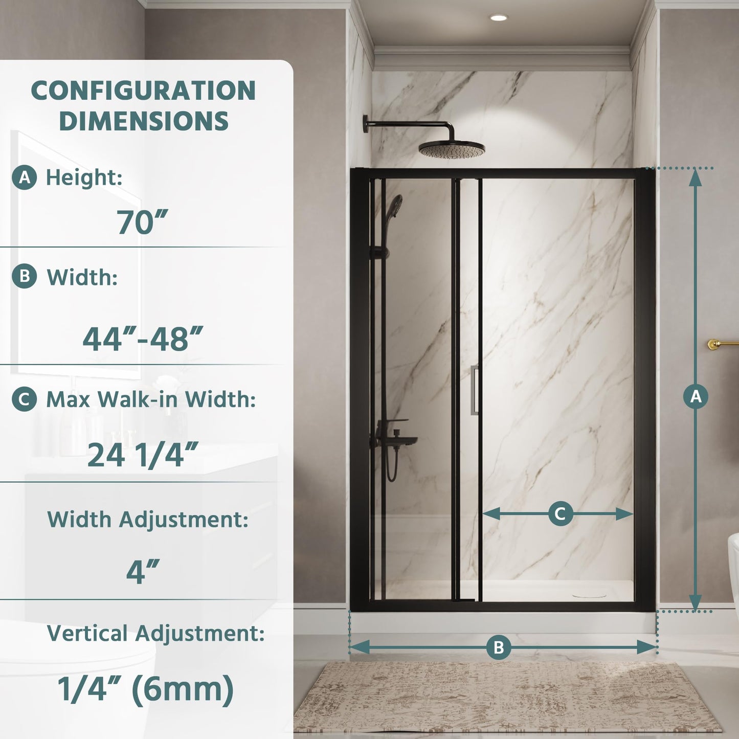 ComfyStyle 44"-48"W x70''H Tri-Fold Sliding Shower Door, Wide Walk-In Opening, Space-Saving Triple Shower Doors with Flexible Folding Glass Panels, Hidden Roller System, 6mm SGCC Tempered Glass, Black