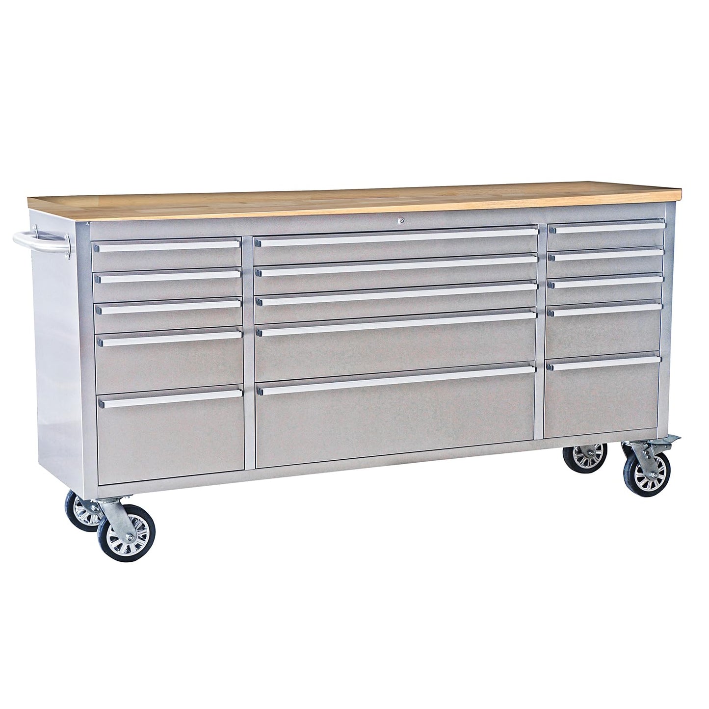 72 Inch Heavy Duty Rolling Tool Chest, Stainless Steel Tool Cabinet with 15 Drawers, Solid Wood Top Workbench, Mobile Toolbox Organizer with Locking Wheels, Power Outlets, for Garage, Workshop, Storag