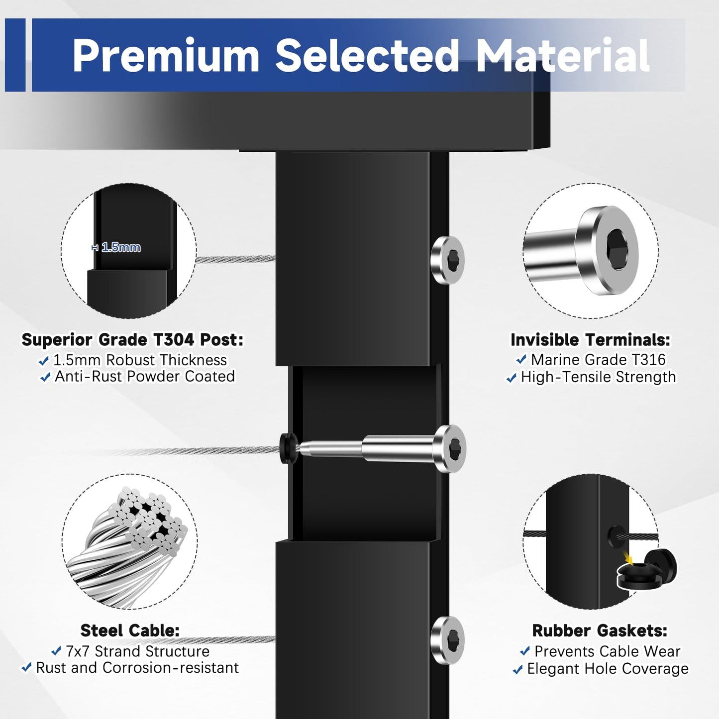 Gyykzz 16-20FT Black Modular Cable Railing Post Kits 42 Inch 5 Level Post Kit, Cable Railing System for Deck Including 5 Railing Posts, 250FT Sufficient Length Cable, 24 Swage Terminal (No Handrail)