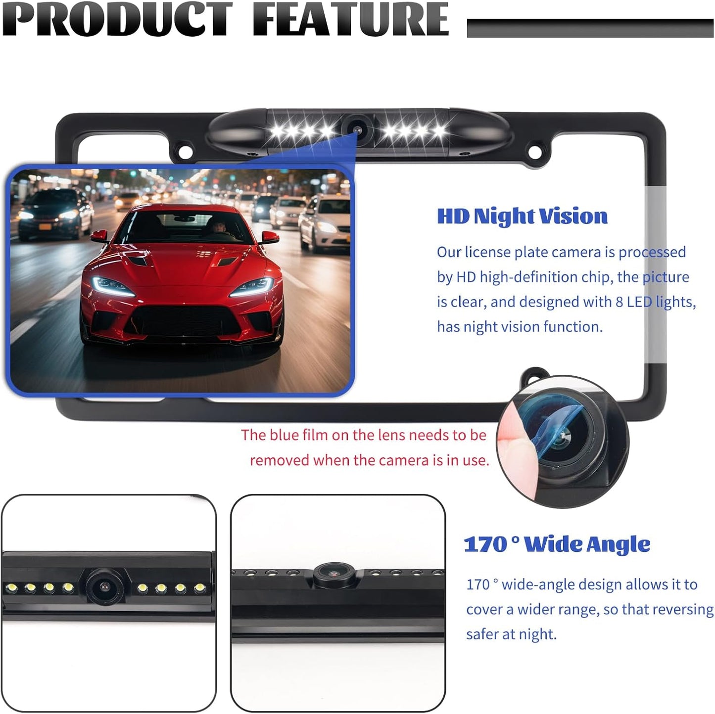 Figpade Camera,170 License Plate Backup Wide Angle License Plate Camera with LED HD Night Vision Design,Water Resistant