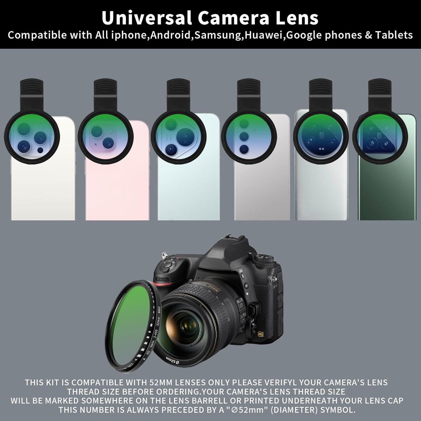 Beysfilter 52MM ND2-ND400 16/15/14/13 Phone Variable Filter, Multi-Coating Clip Adjustable Neutral Density Lens Kit