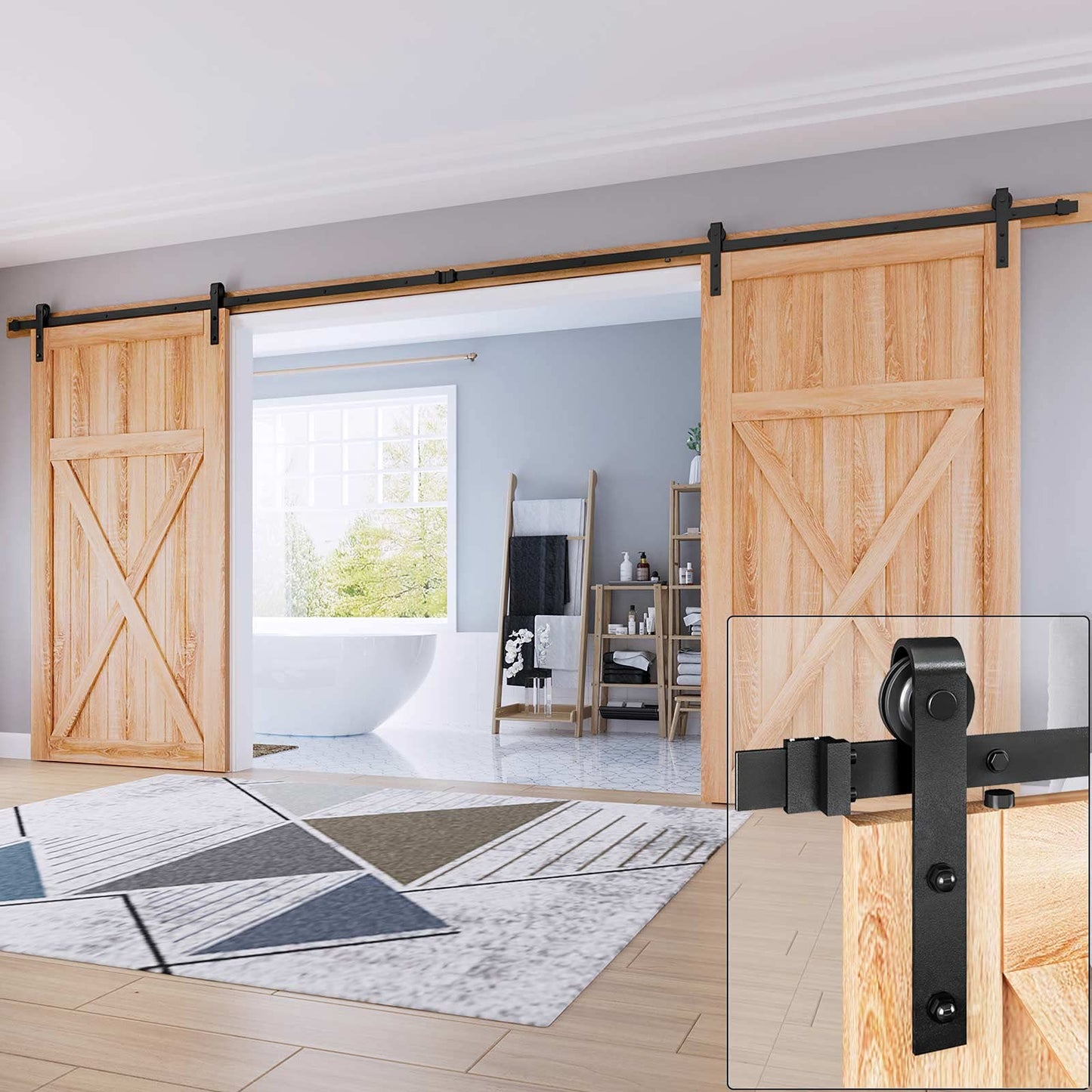 EaseLife 16 FT Double Door Sliding Barn Door Hardware Track Kit,Basic J Pulley,Slide Smoothly Quietly,Easy Install (16FT Track Kit for Double 48" Wide Door)