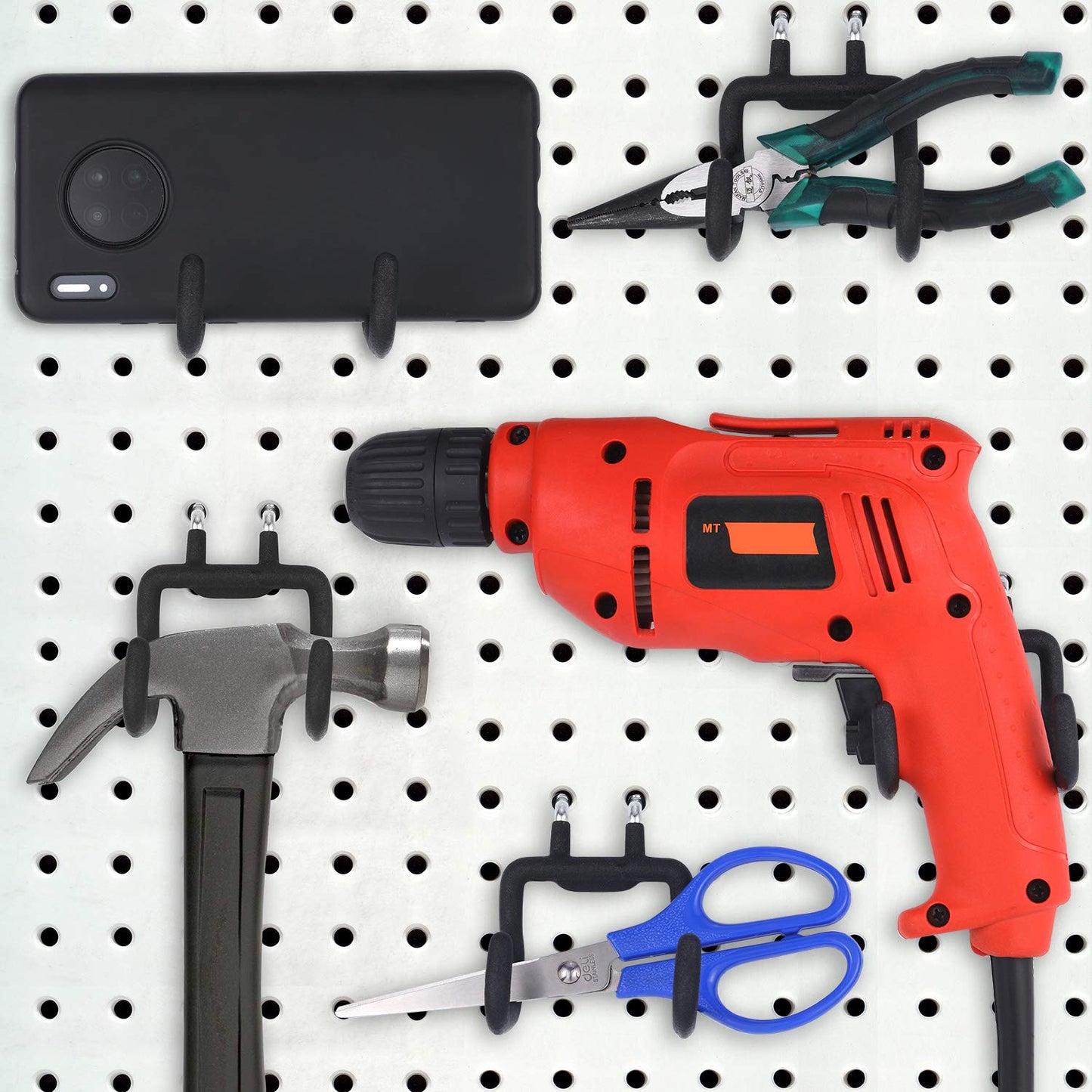 Hotop 4 Pieces Pegboard Hooks Pegboard Drill Holder Peg Board Hooks for Hanging Black Flat Utility Hook Peg Board Organization Accessory for Workbench, Garage Craft Storage(2.75 x 2.56 x 3.54 Inch)