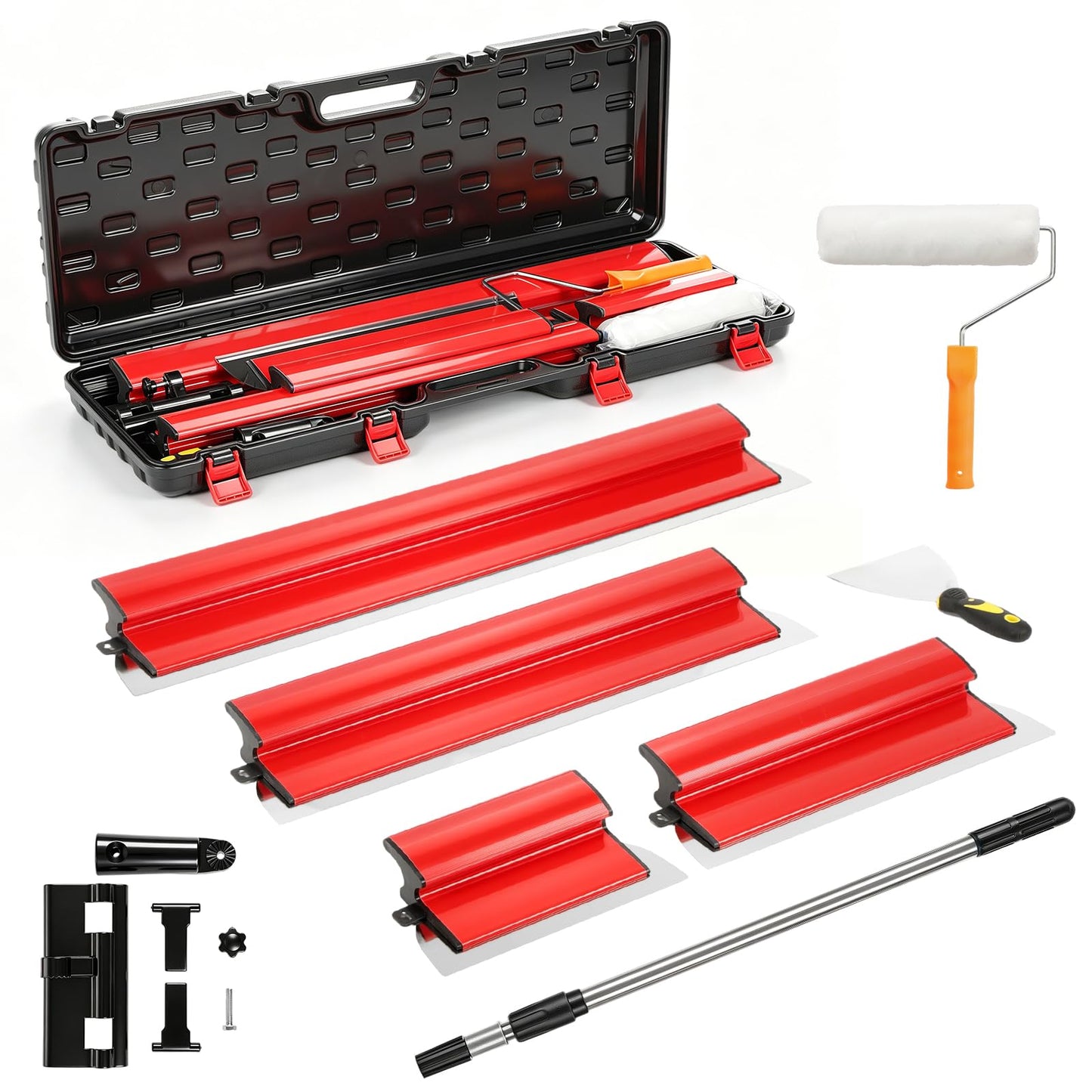 Drywall Skimming Blade Set with 32" - 51" Extension Handle 9inch Compound Rollers 10in/16in/24in/32in Stainless Steel Skimming Blades for Wall Surface Smoothing Drywall Plaster Wallboard