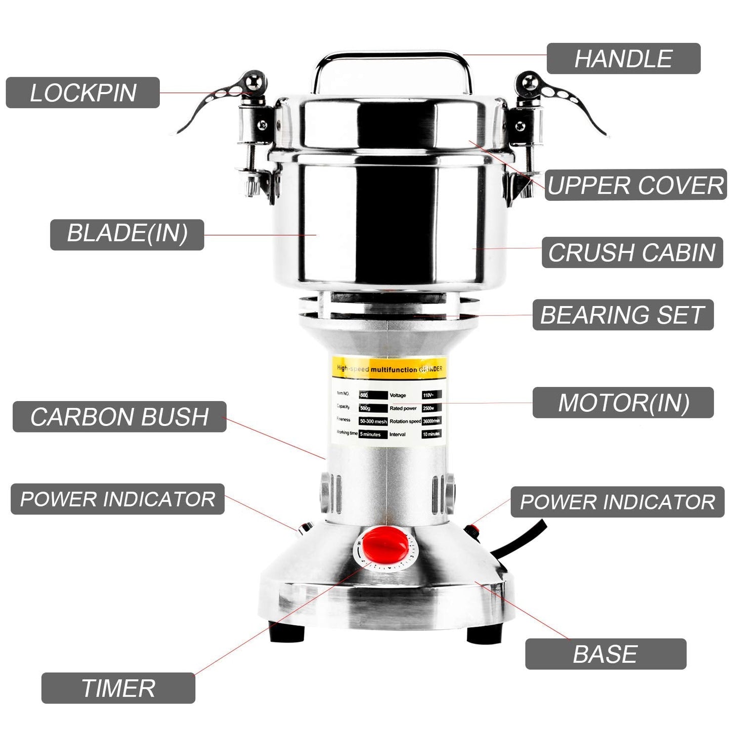 DasMarine 500g High Speed Electric Grain Mill Grinder - Commercial Stainless Steel Spice Grinder with 2500W Motor, 50-300 Mesh, 36000RPM - Ideal for Kitchen Herb, Spice, and Pepper Grinding (500g)