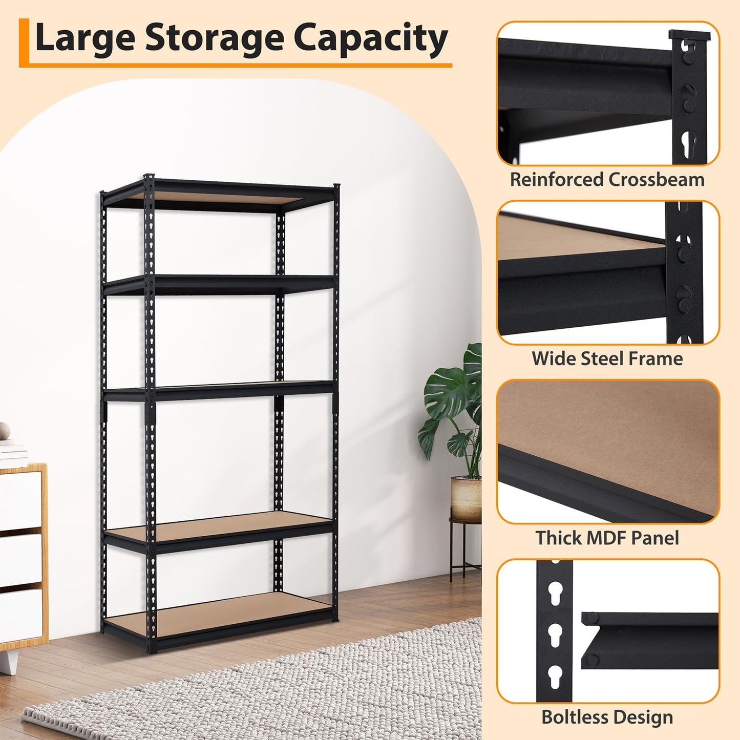Garvee 5-Tier Heavy Duty Storage Shelves with 2000 LBS Capacity, Adjustable Metal Shelving Rack for Garage, Kitchen, Pantry, Basement, Bathroom, Laundry Room Organization, 48" D x 24" W x 71" H