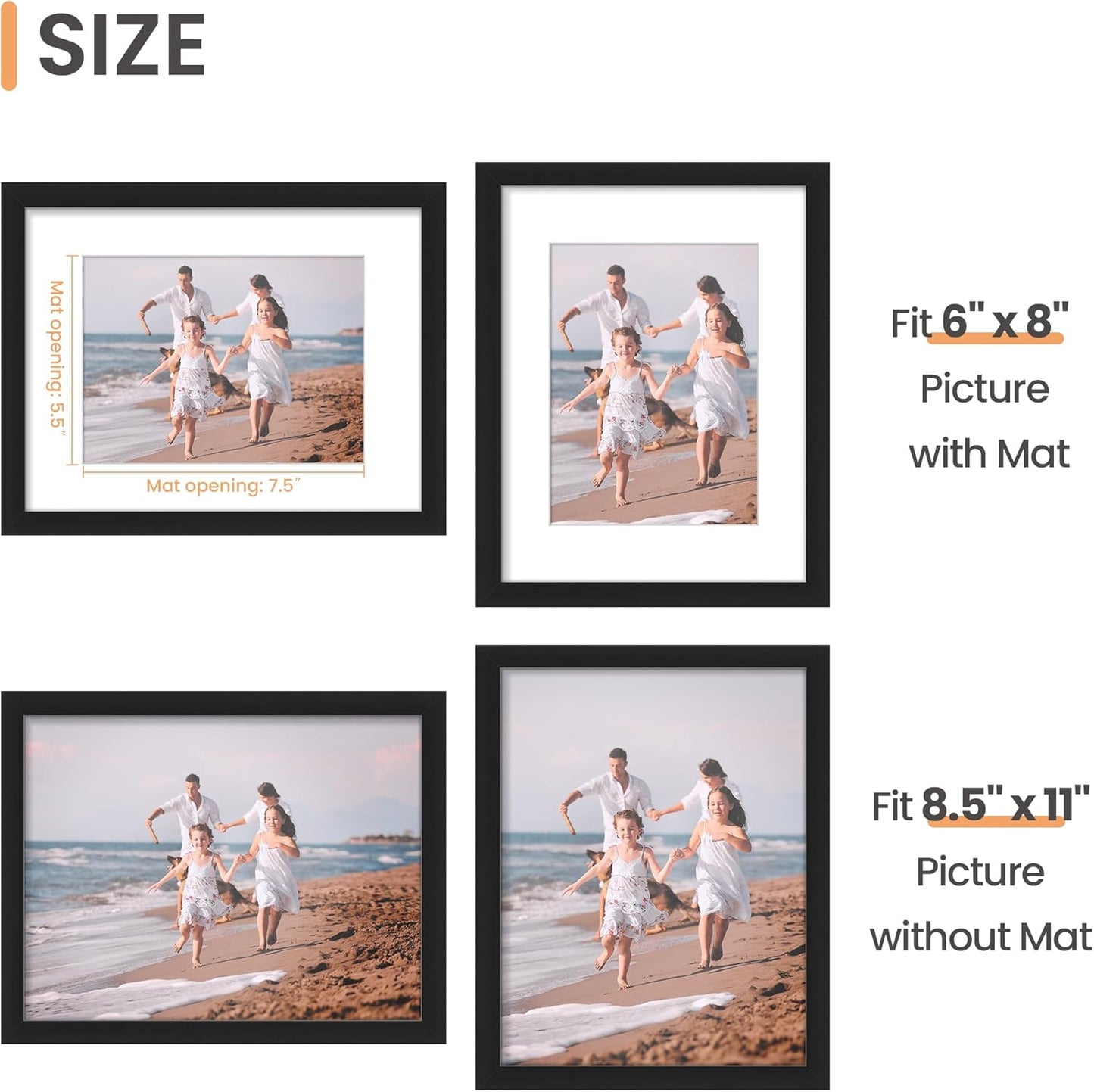 Upsimples 8.5x11 Picture Frame - Versatile Display for 6x8 Photos with Mat or 8.5x11 Without - Black, 1 Pack