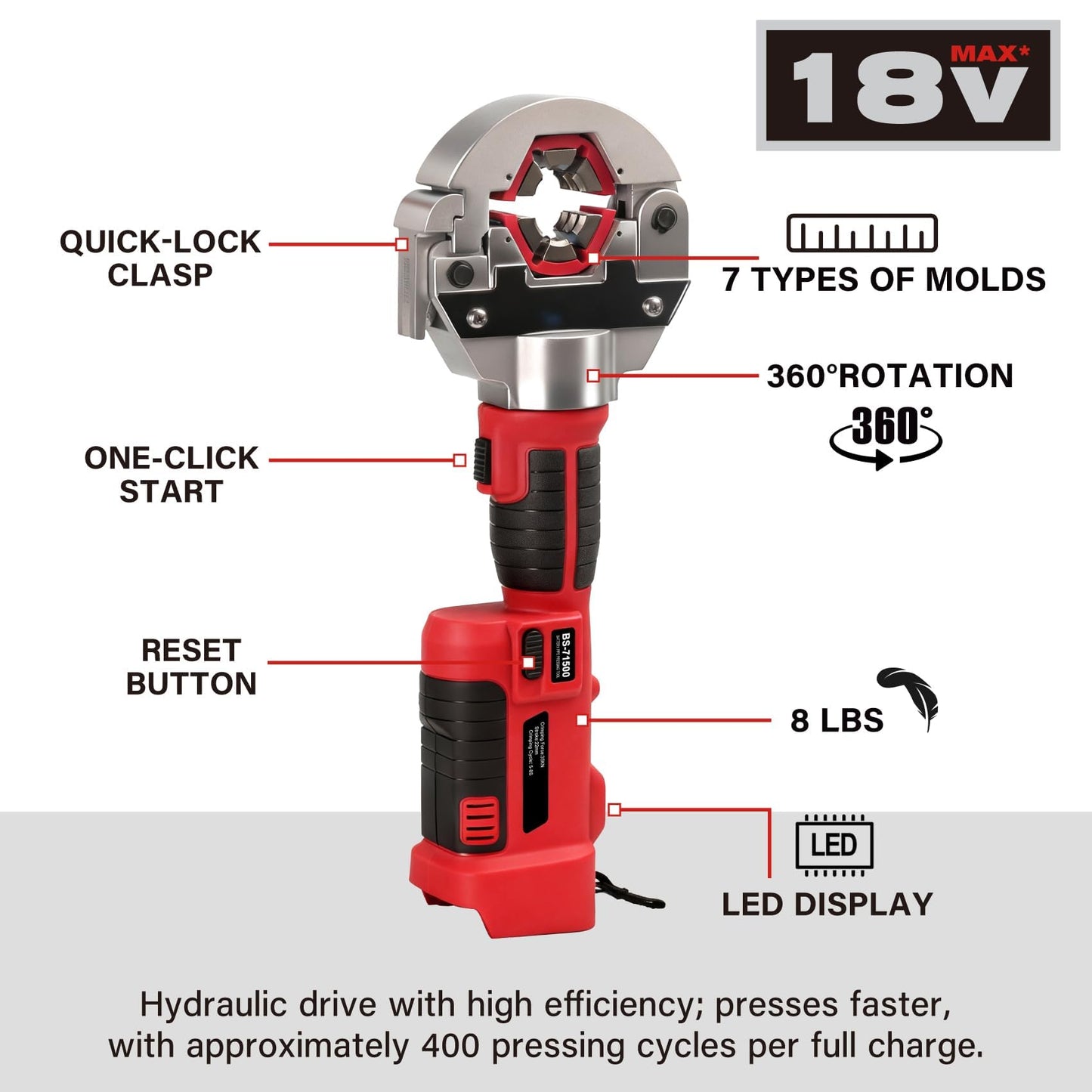 Electric Hydraulic Hose Crimpers 18V Battery AC Crimping Tool Kit - Handheld Hydra-Krimp A/C Crimper with 7 Snap-On Dies for Auto AC Repair, Air Conditioning Line Crimping Pliers